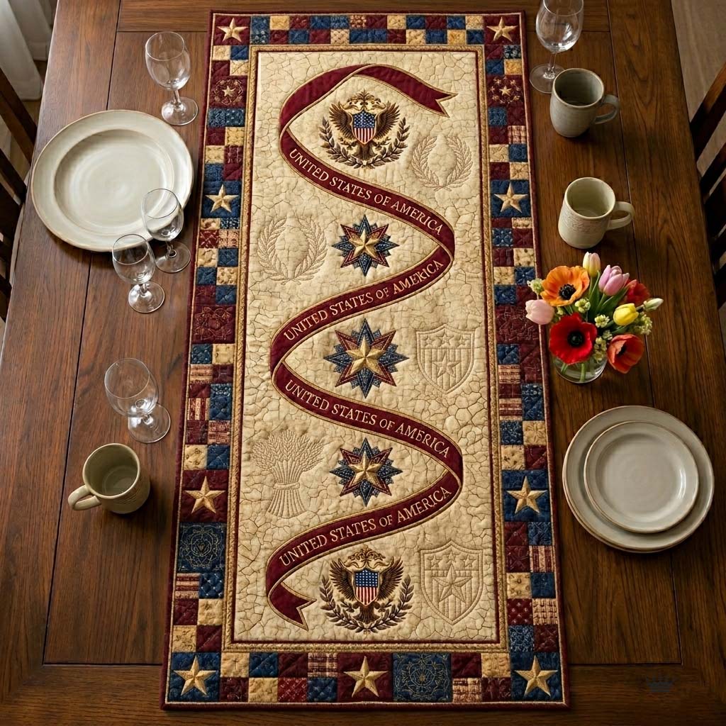 Heritage Patch Quilted Table Runner Fourth Of July Table Centerpiece Ideas Patriotic Novelty Items