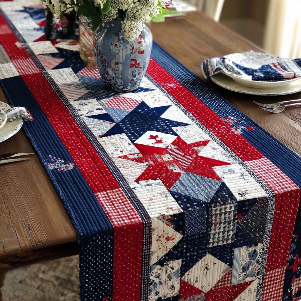 Heritage Patch Quilted Table Runner Freedom Stars Runner Patriotic Centerpiece Gift for Wife