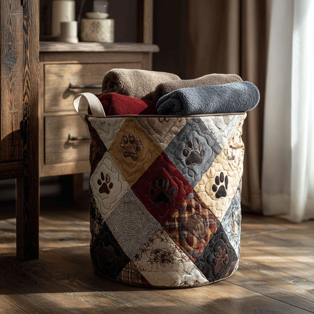 Heritage Paws Quilted Laundry Basket Patchwork Dog Paw Clothes Hamper Gift For Pet Parents