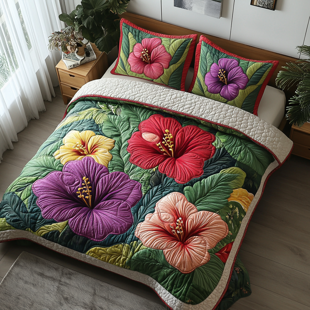 Hibiscus Bloom Quilted Bedding Set Best Bedspread Set Gift For Beach Lover