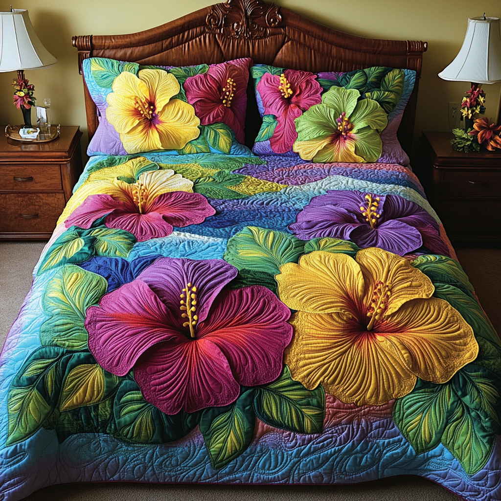 Hibiscus Bloom Quilted Bedding Set Cute Bedsheets Mother's Day Gift Ideas For Wife