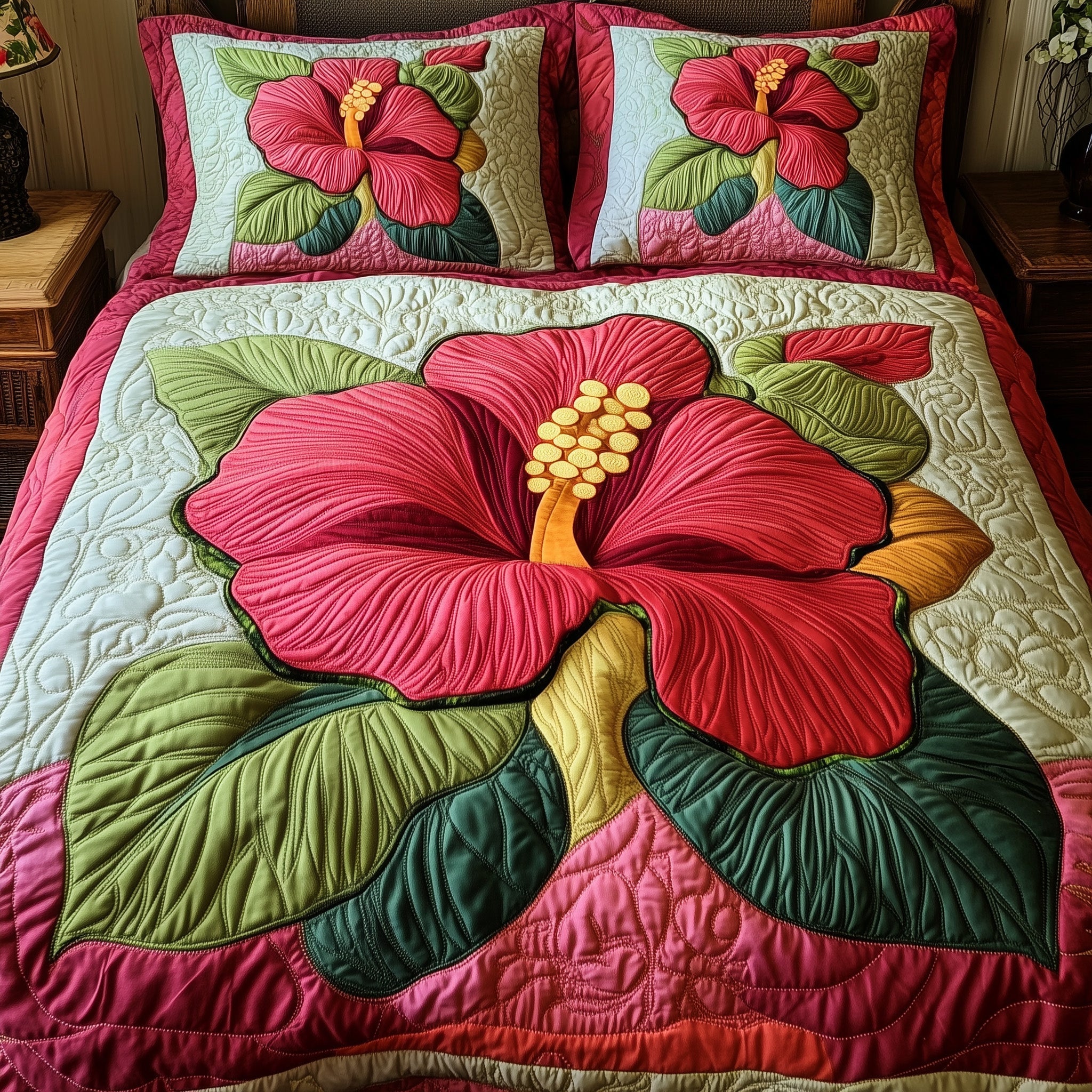 Hibiscus Charm Quilted Bedding Set Best Bedding Sets Good Gifts For Mom