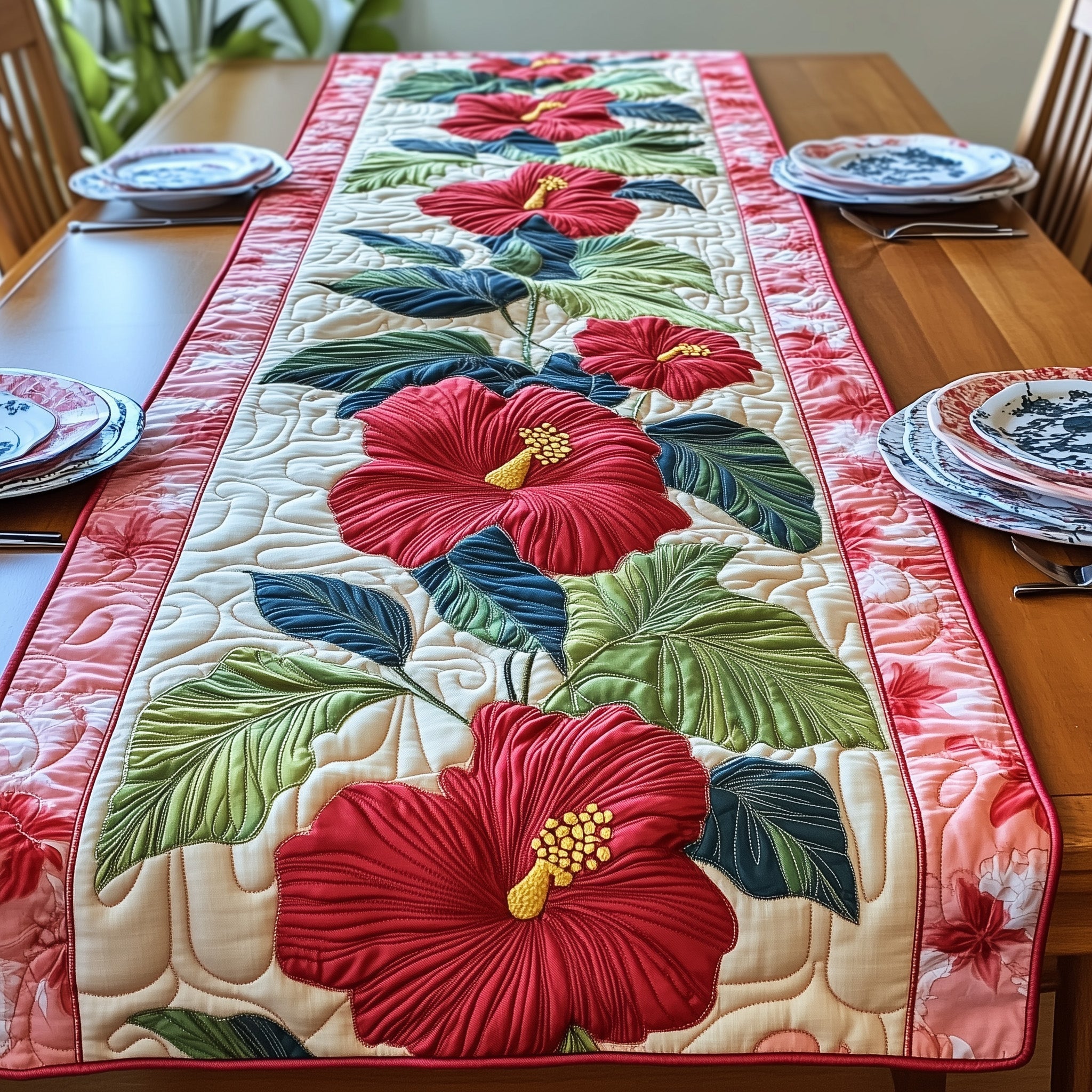 Hibiscus Charm Quilted Table Runner Dinner Table Runner Mothers Day Gift For Sister