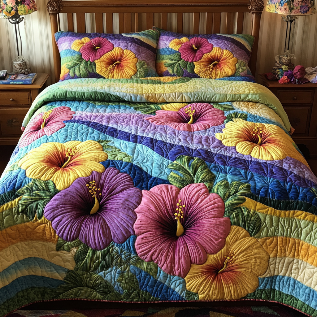 Hibiscus Harmony Quilted Bedding Set Bed Decorations Creative Mother's Day Gifts