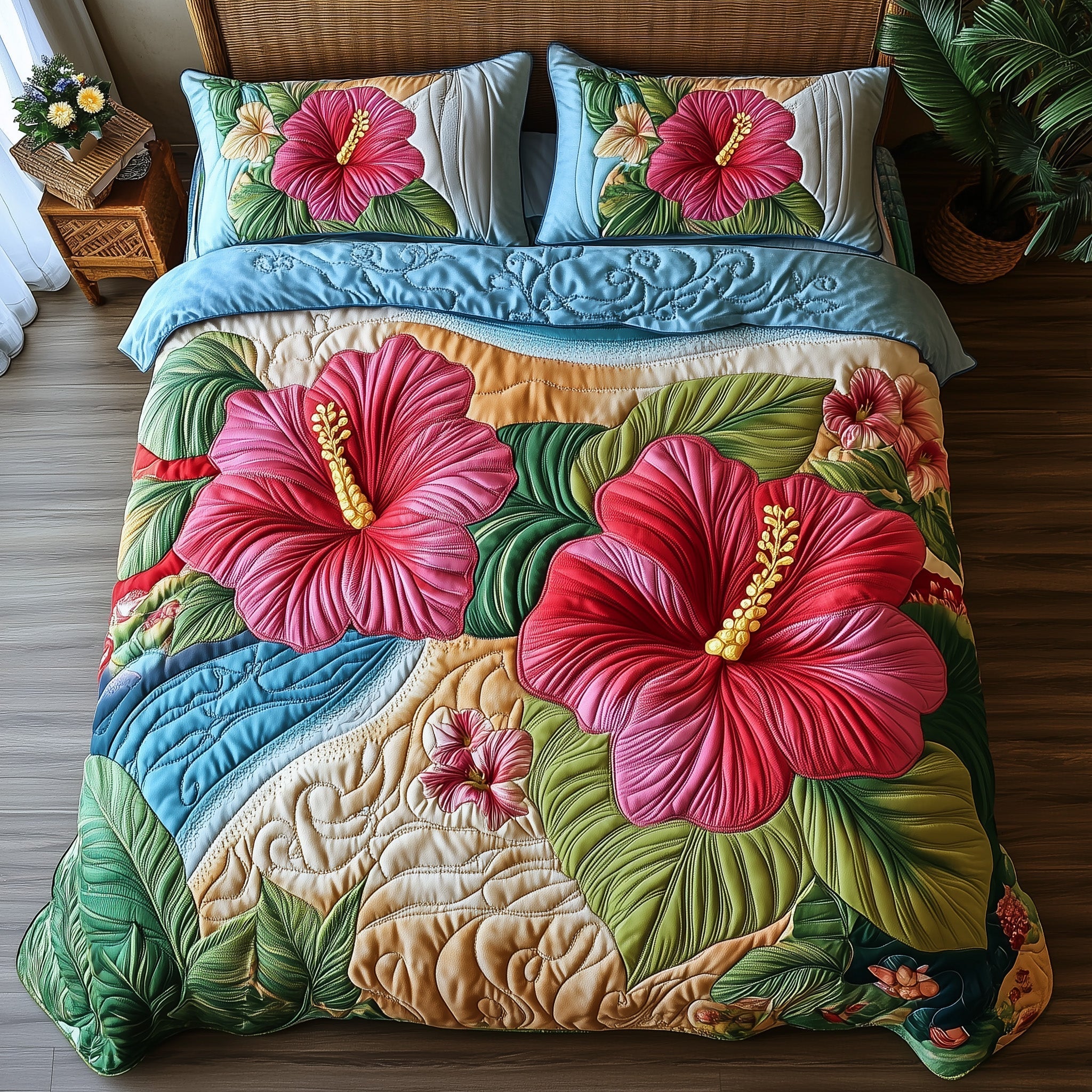 Hibiscus Horizon Quilted Bedding Set Cozy Bedroom Ideas Summer Beach Gifts