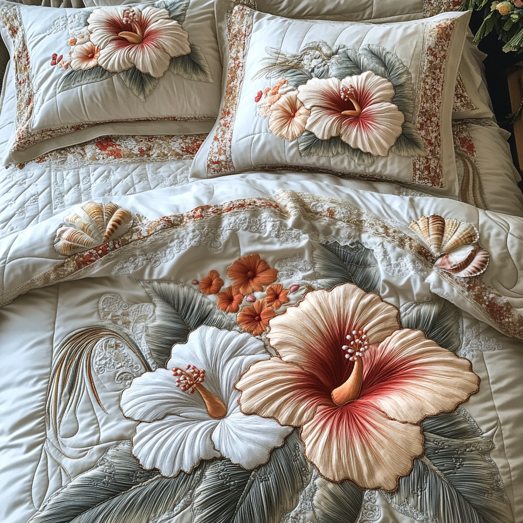 Hibiscus Pearl Quilted Bedding Set Bed Room Decoration Special Mothers Day Presents