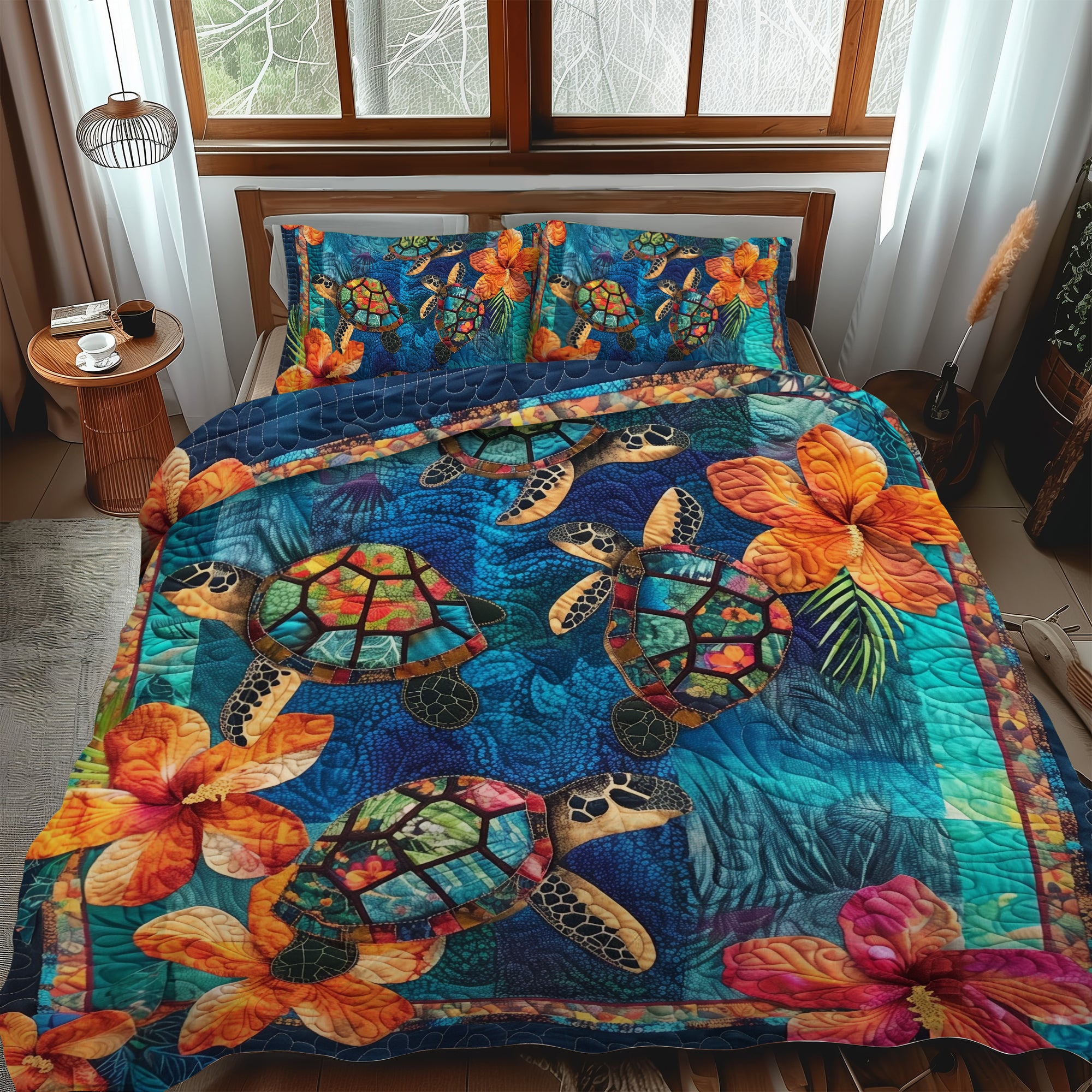 Hibiscus Turtle Bay Quilted Bedding Set Cute Bed Sheet Set Sea Turtle Stuff