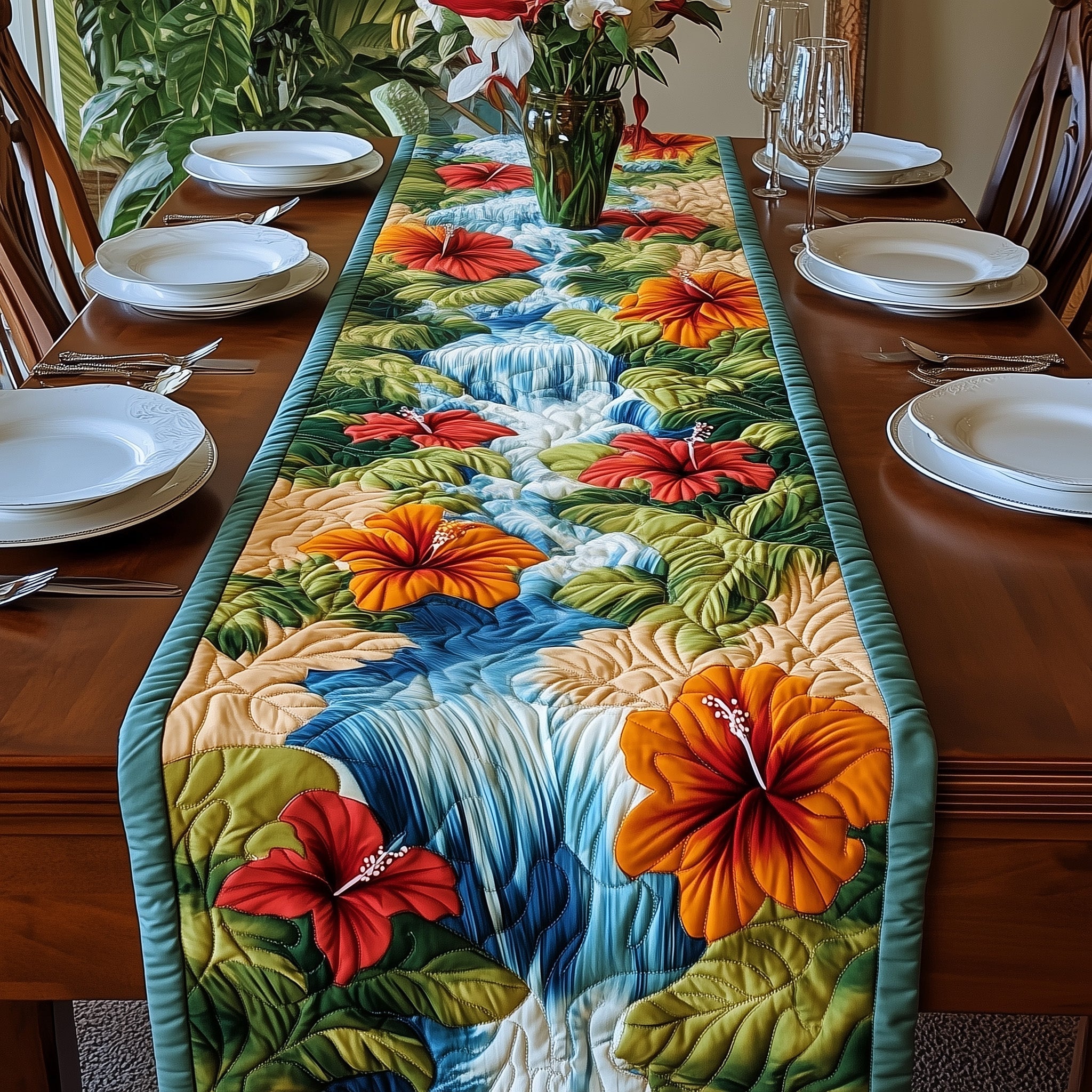 Hibiscus Waterfall Quilted Table Runner Dining Room Table Decor Good Birthday Gifts For Your Mom