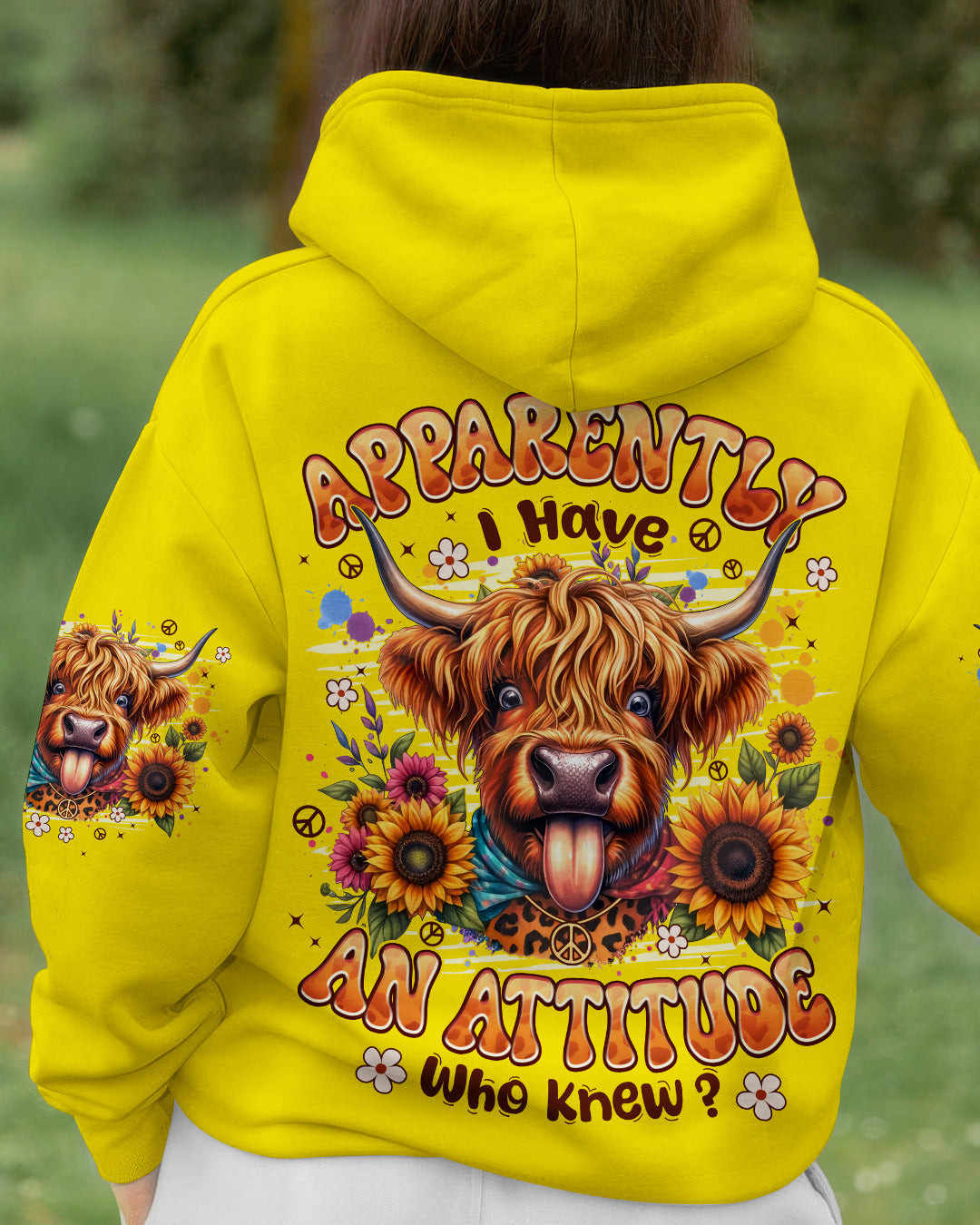 Highland Cow Apparently I Have An Attitude Hoodie Sunflower And Peace Pullover Gift For Women - Image 2