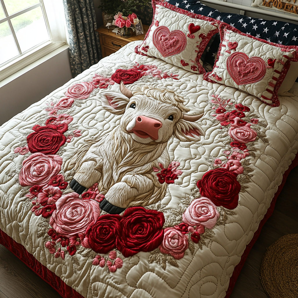 Highland Cow Bliss Quilted Bedding Set Bed Decorations Best Valentines Gifts