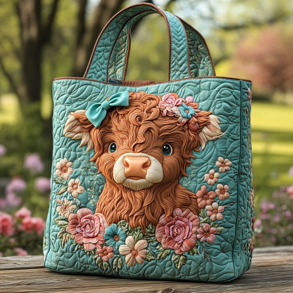 Highland Cow Bloom Quilted Tote Bag Best Mom Tote Bag Mummy Daughter Gifts