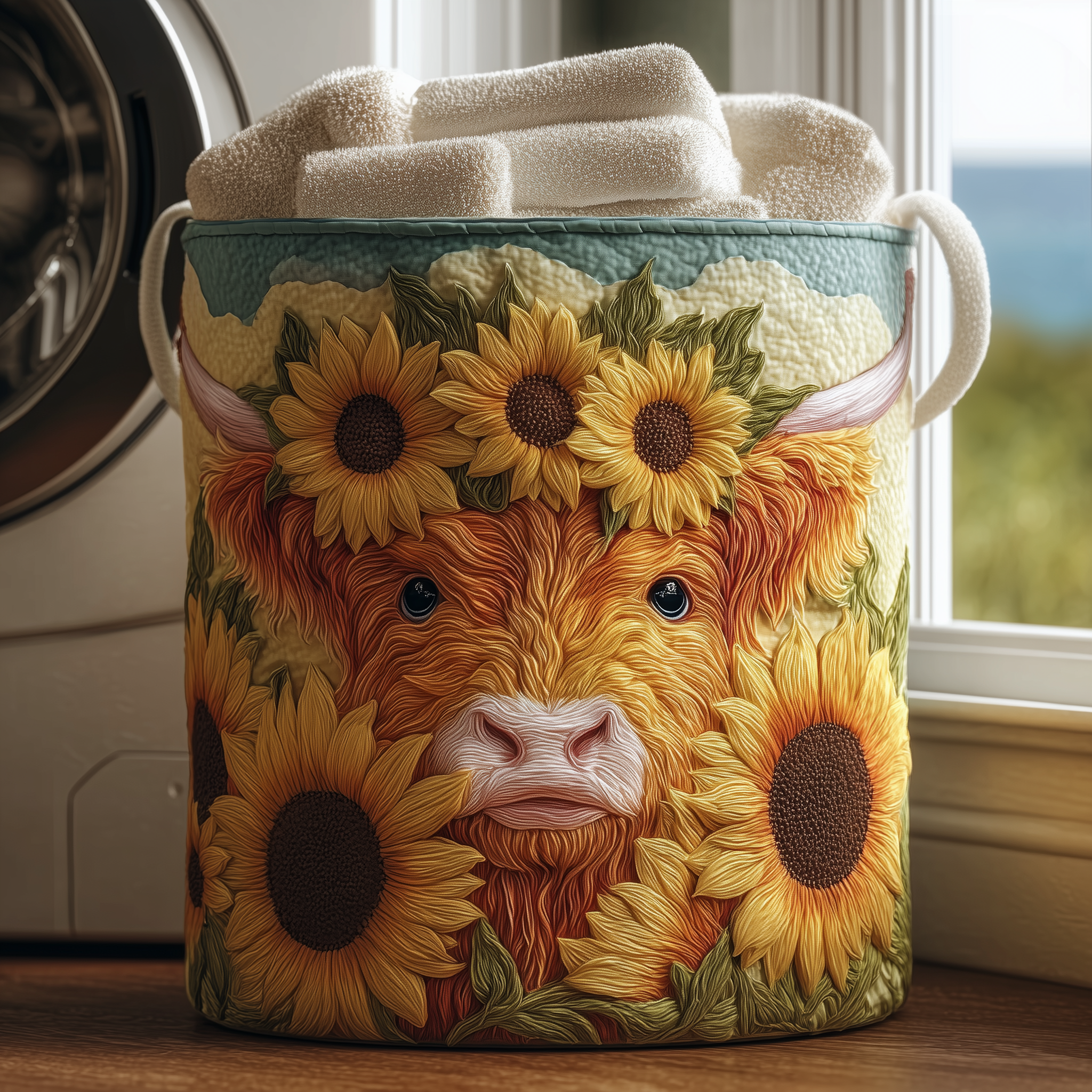 Highland Cow Blossom Quilted Laundry Basket Foldable Clothes Hamper Highland Cow Presents