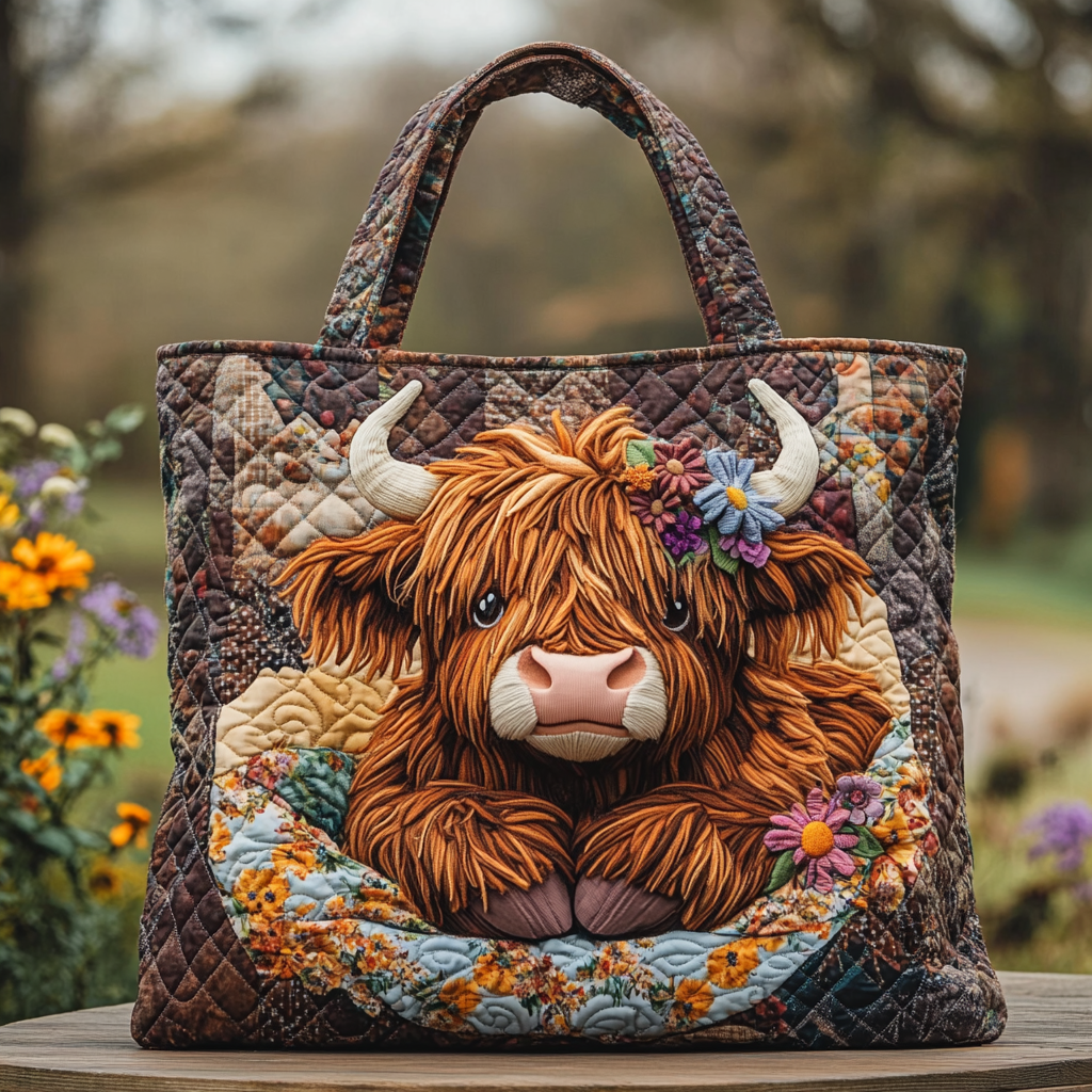 Highland Cow Blossom Quilted Tote Bag Best Everyday Tote Good Birthday Gifts For Your Mom