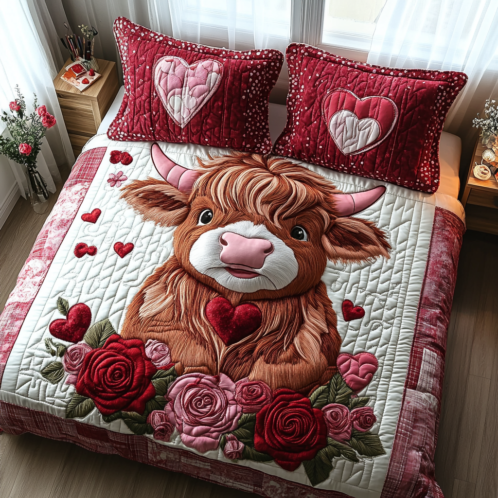 Highland Cow Charm Quilted Bedding Set Unusual Bed Sheets Valentine Gift For Wife