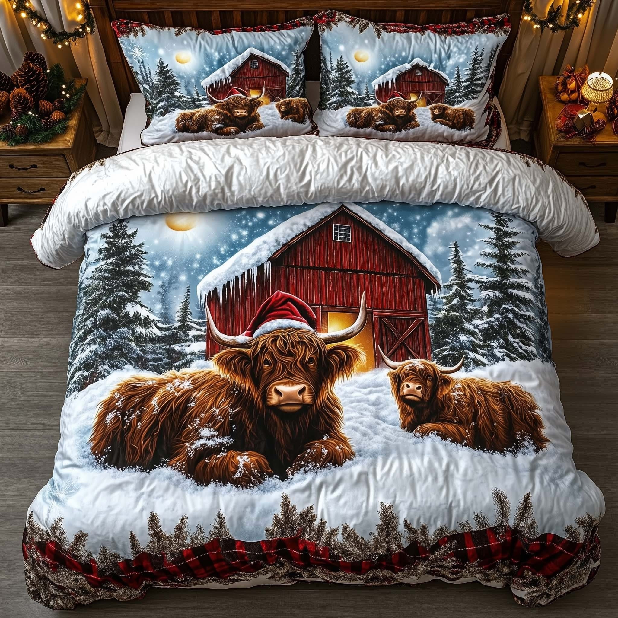 Highland Cow Christmas Quilted Bedding Set Rustic Farmhouse Bedroom Decorations