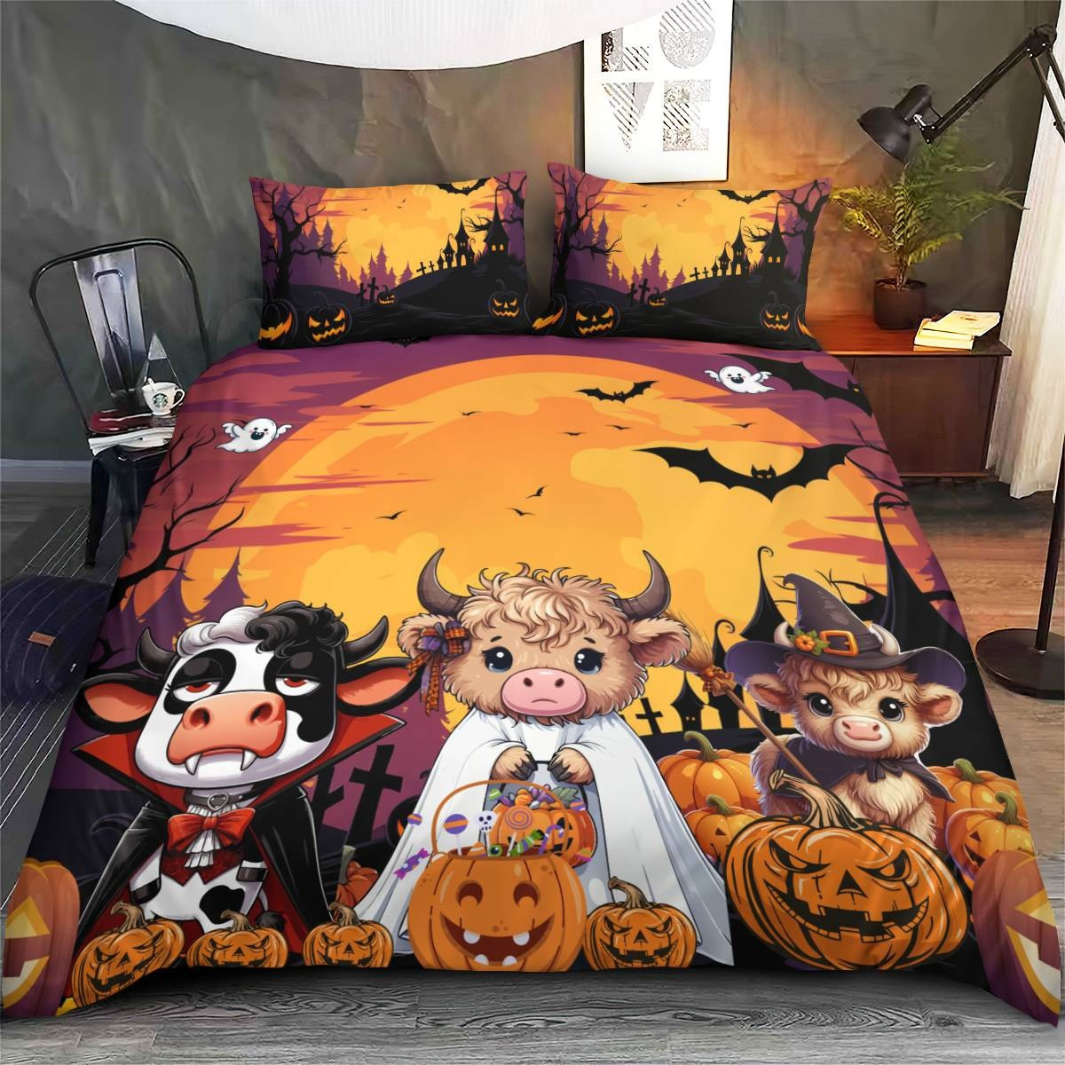 Highland Cow Costume Spooky Halloween Bedding Set Cute Duvet Cover Best Gifts For Cow Lovers