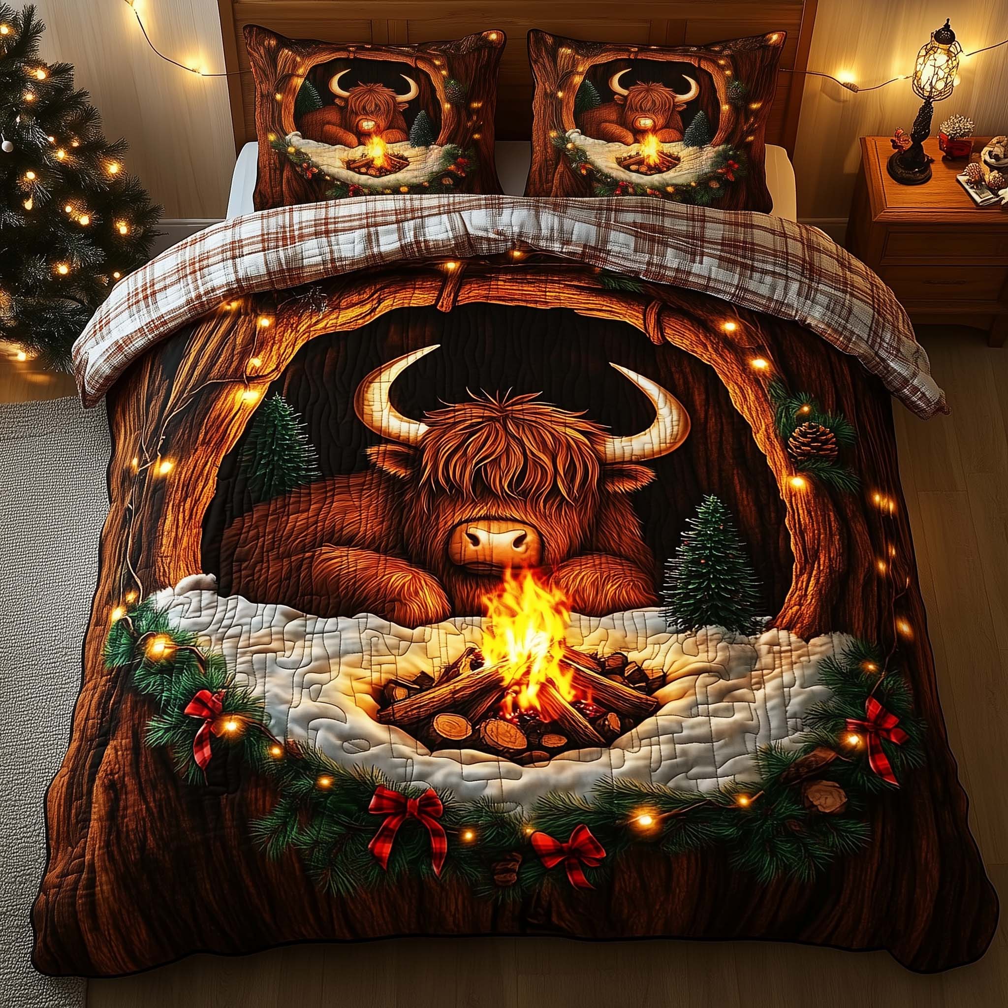 Highland Cow Quilted Bedding Set Christmas Bed Decor Family Gift Ideas For Xmas