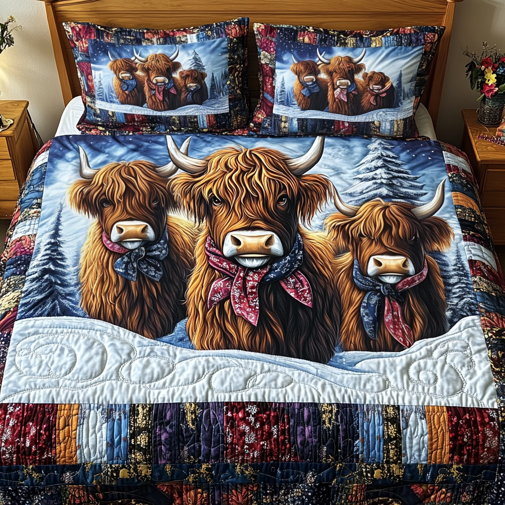 Highland Cow Serenity Quilted Bedding Set Unusual Bed Sheets Funny Father's Day Gifts