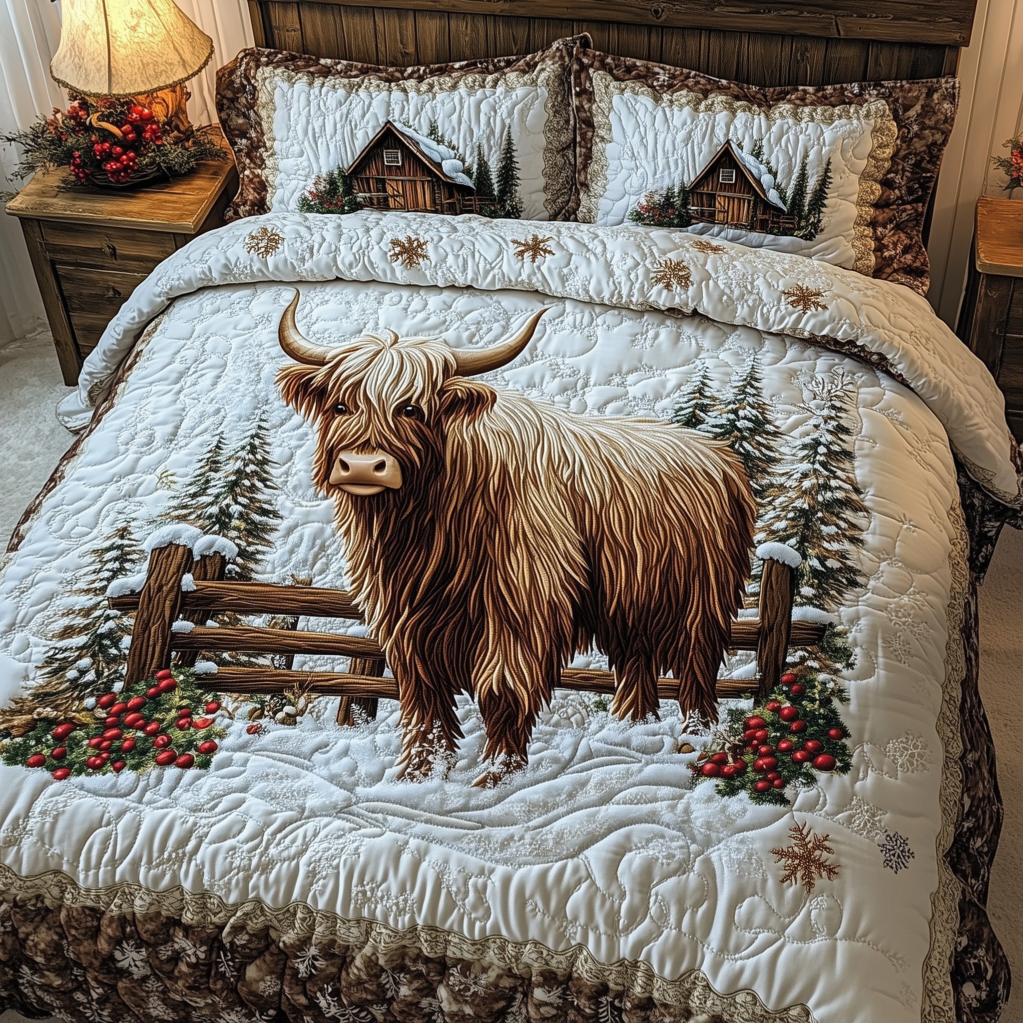 Highland in Snow Quilted Bedding Set Unique Bed Sheets Gifts With Cows On Them