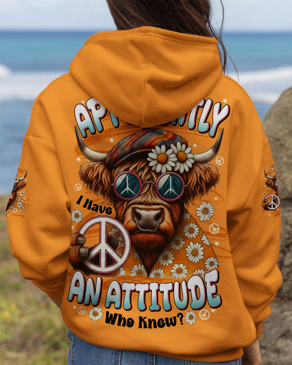 Hippie Cow Apparently I Have An Attitude Hoodie Peace Sign Daisy Flowers Pullover Gift For Wife - Image 2
