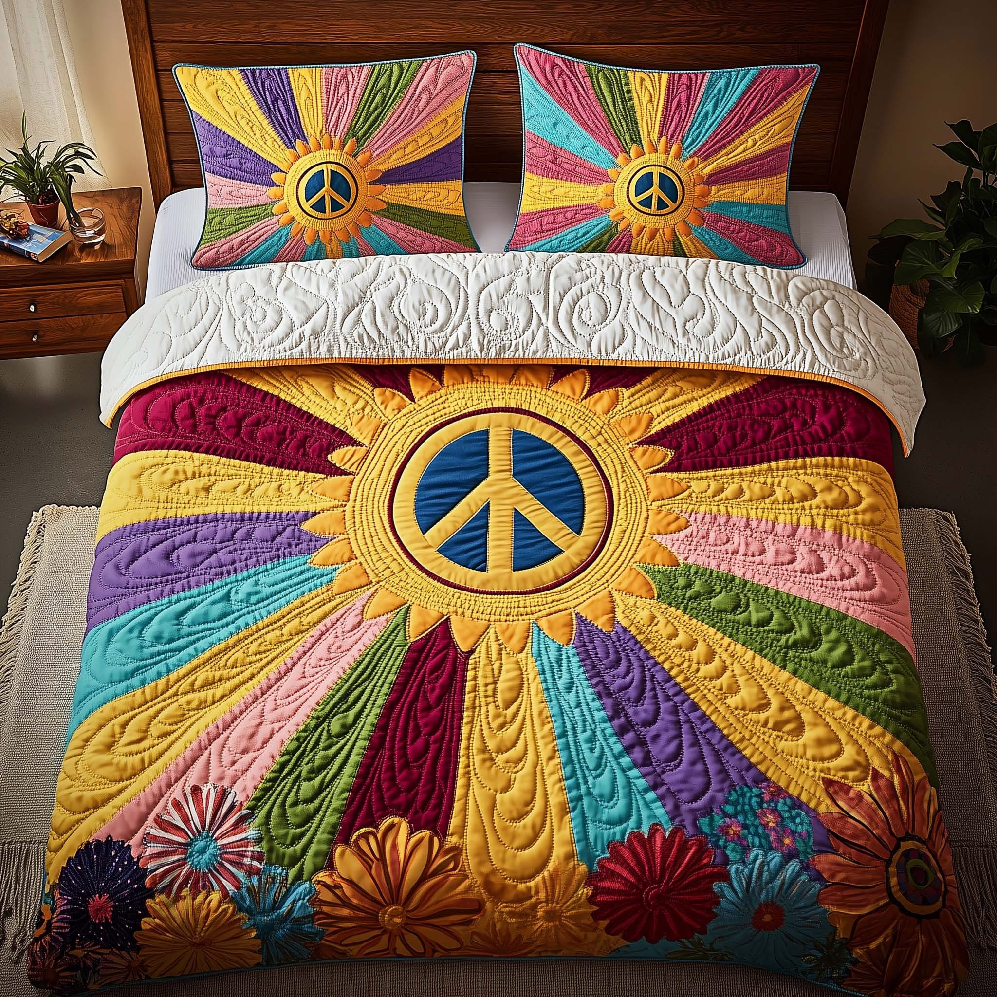 Hippie Peace Bohemian Quilted Bedding Set Gerbera Daisies Duvet Cover Gifts For Wife