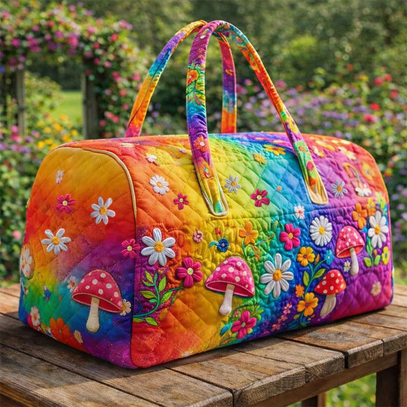 Hippie Rainbow Flower And Mushroom Quilted Duffle Bag Colorful Overnight Bag Gift For Her