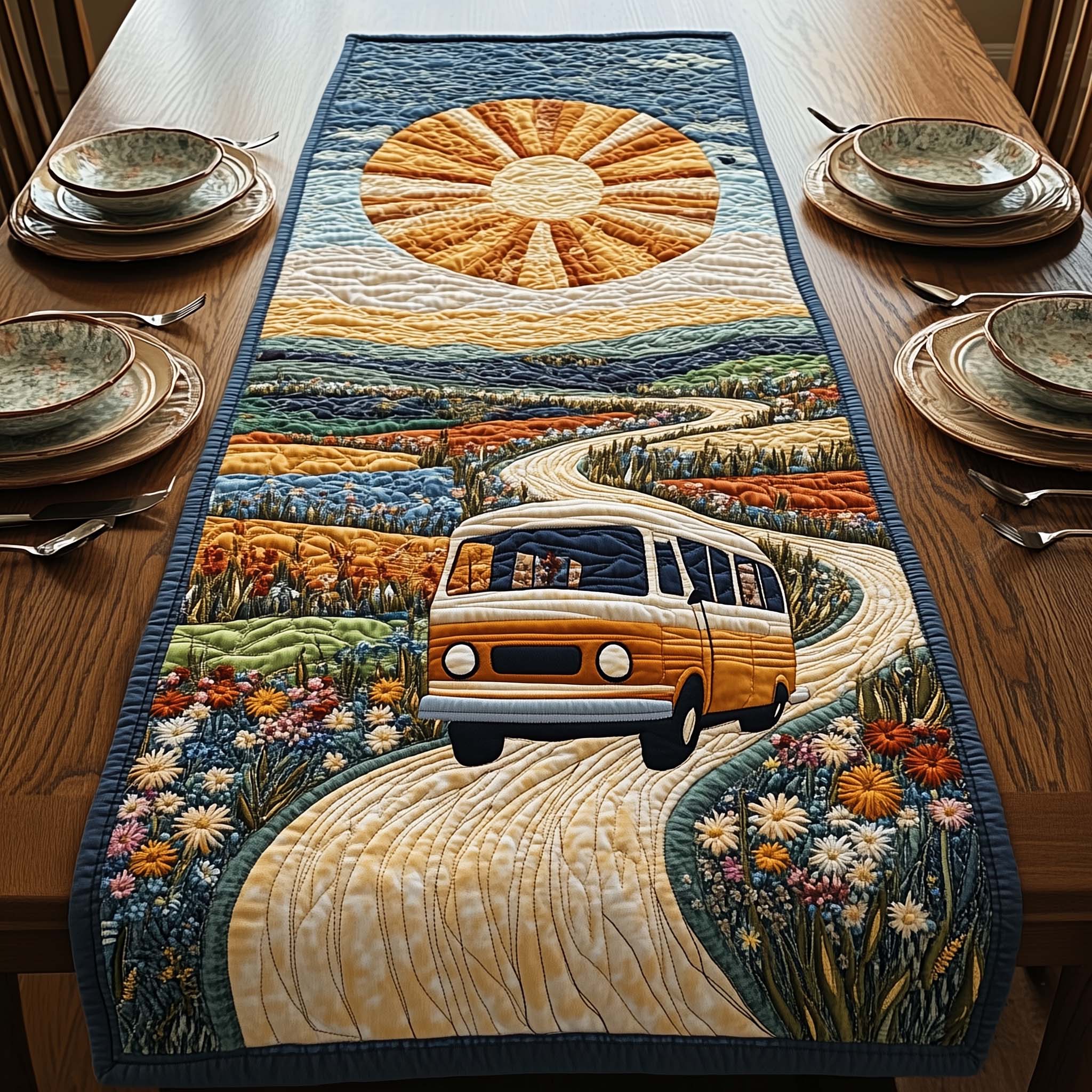 Hippie Van Quilted Table Runner Country Table Runners Peace Gift Idea