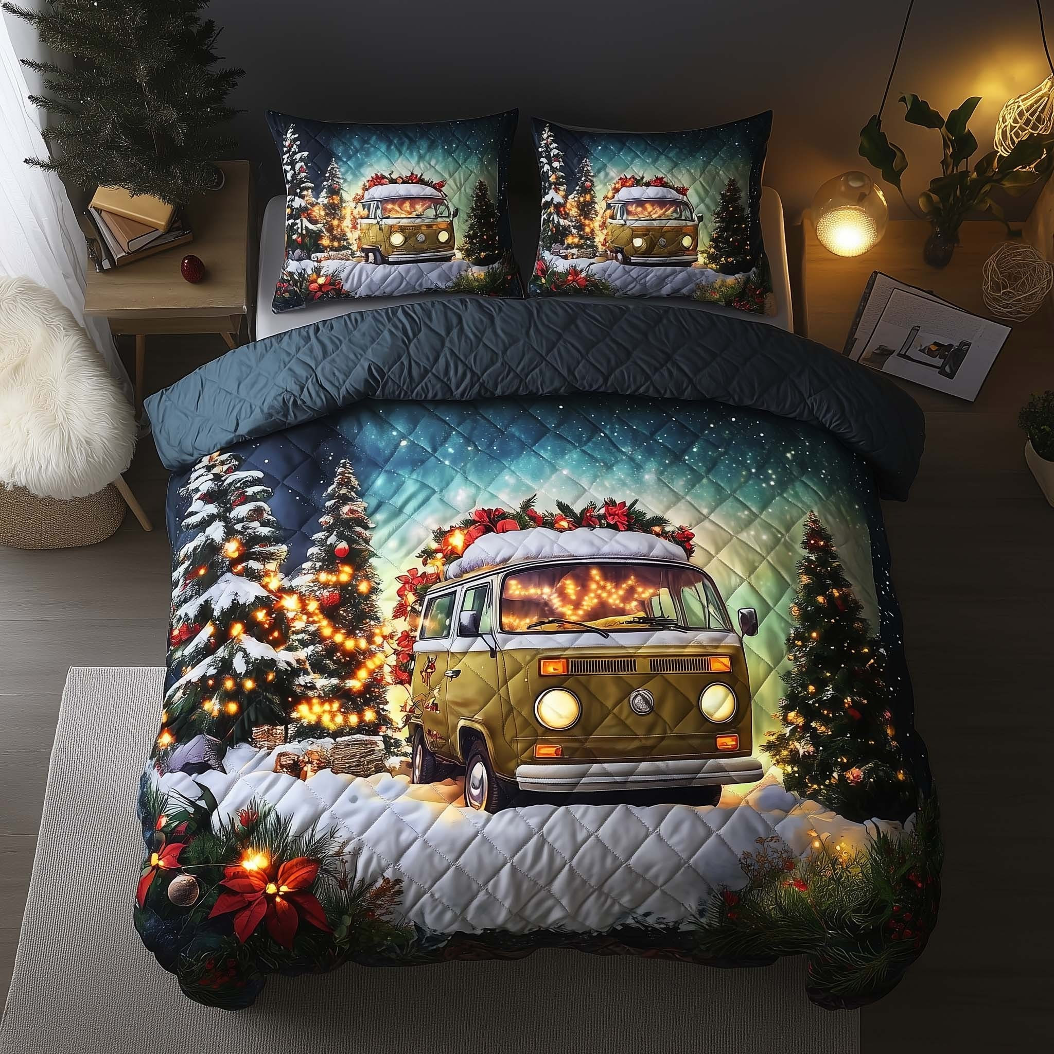 Hippie Van Winter Quilted Bedding Set Christmas Bedroom Decorations Gifts For Wife