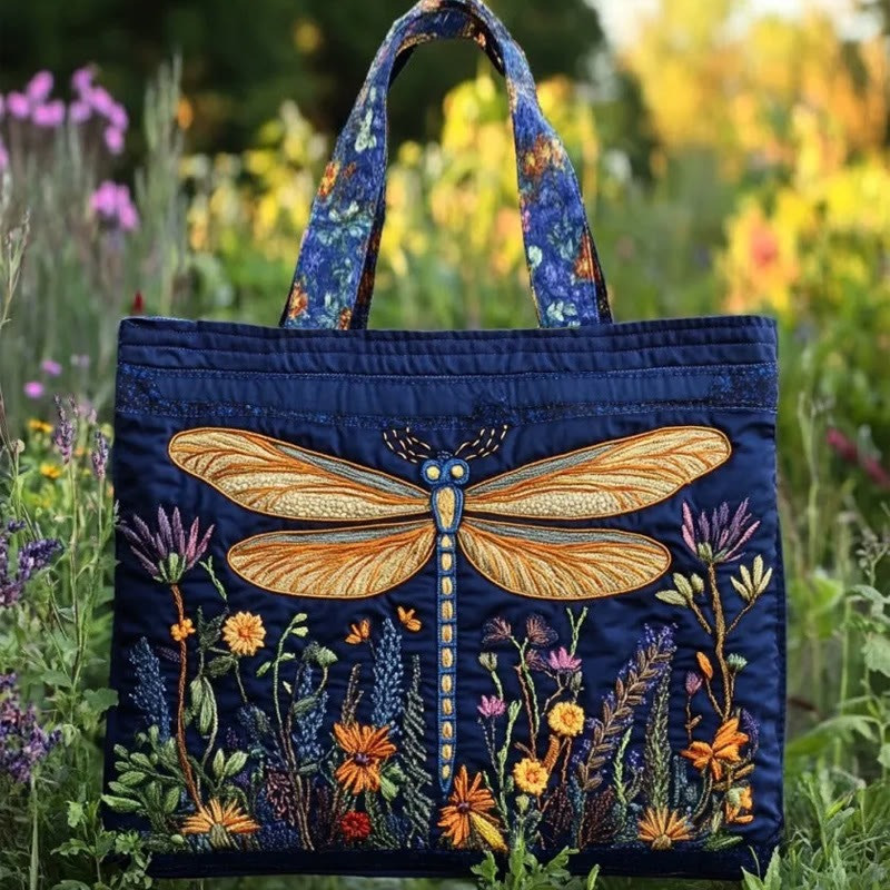 Hippie Zen Dragonfly Wildflowers Pattern Quilted Tote Bag Colorful Bag For Travel Gift For Men