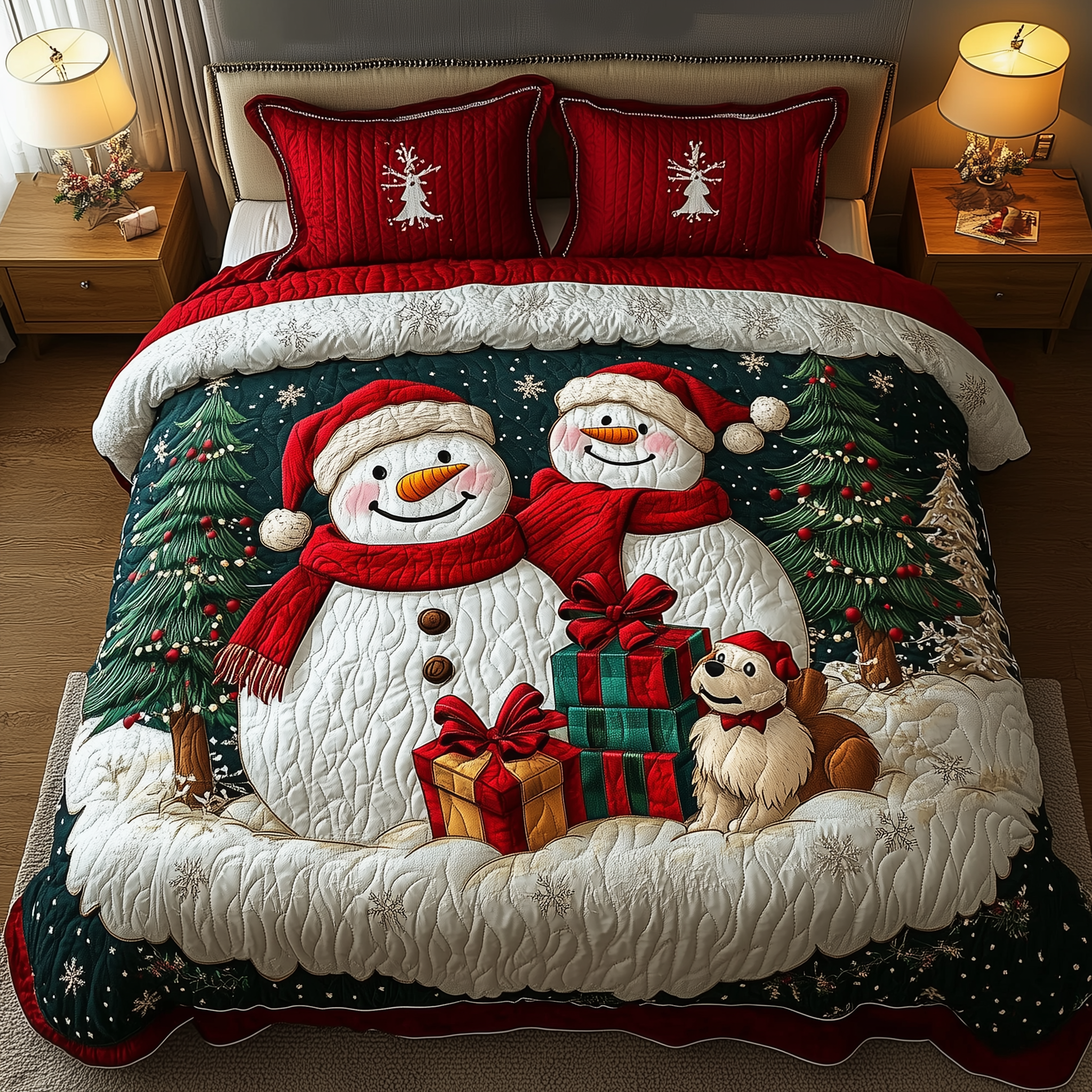 Holiday Cheerful Snowman Quilted Bedding Set Bedroom Decor Christmas Xmas Gifts For Him