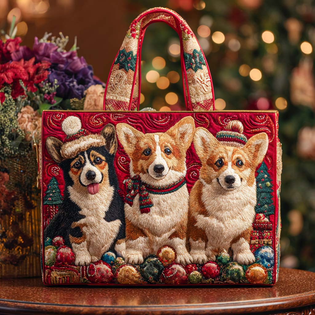 Holiday Corgis Quilted Tote Bag Best Everyday Tote Bag Xmas Gift Ideas For Wife