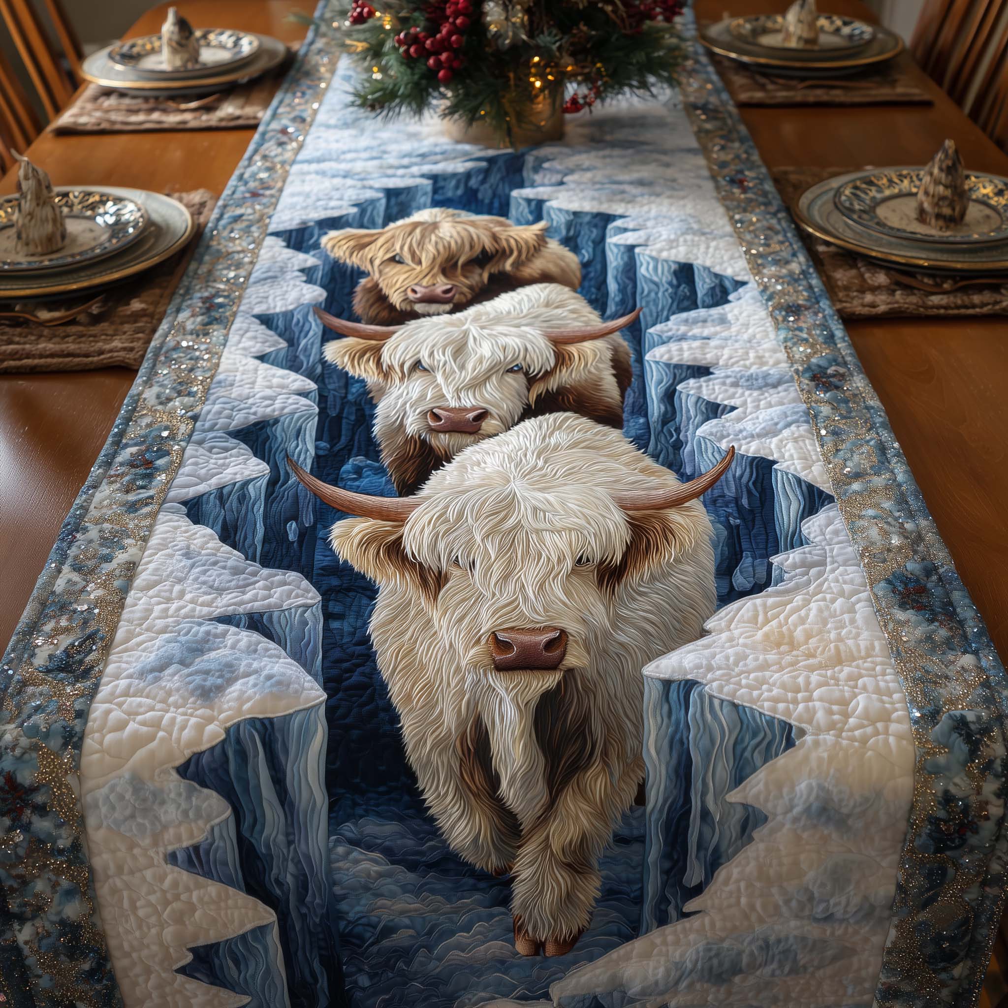 Holiday Farmstead Quilted Table Runner Xmas Dinner Table Decorations Family Christmas Gifts