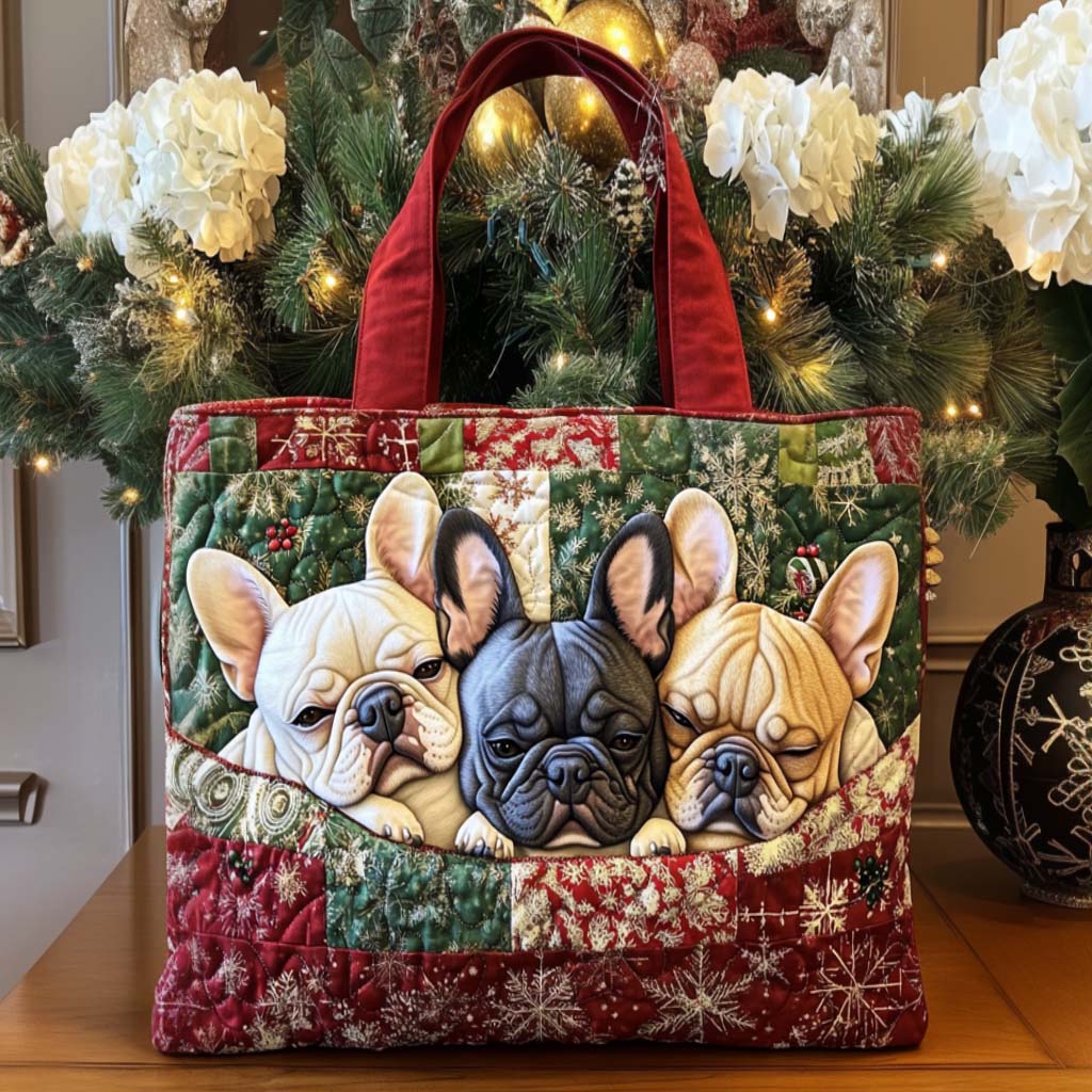 Holiday Frenchie Quilted Tote Bag Best Everyday Shoulder Bag Christmas Presents For Wife
