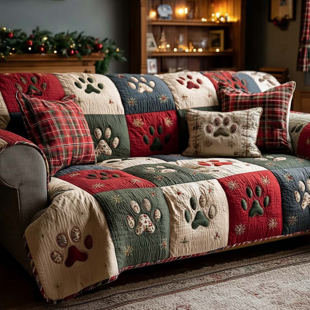 Holiday Paw Quilted Sofa Cover Home Decor Best Presents For Dog Owners