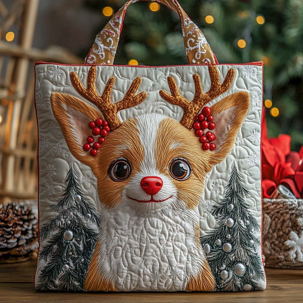 Holiday Reindeer Chihuahua Quilted Tote Bag Shoulder Bag Best Christmas Gifts For Girlfriend