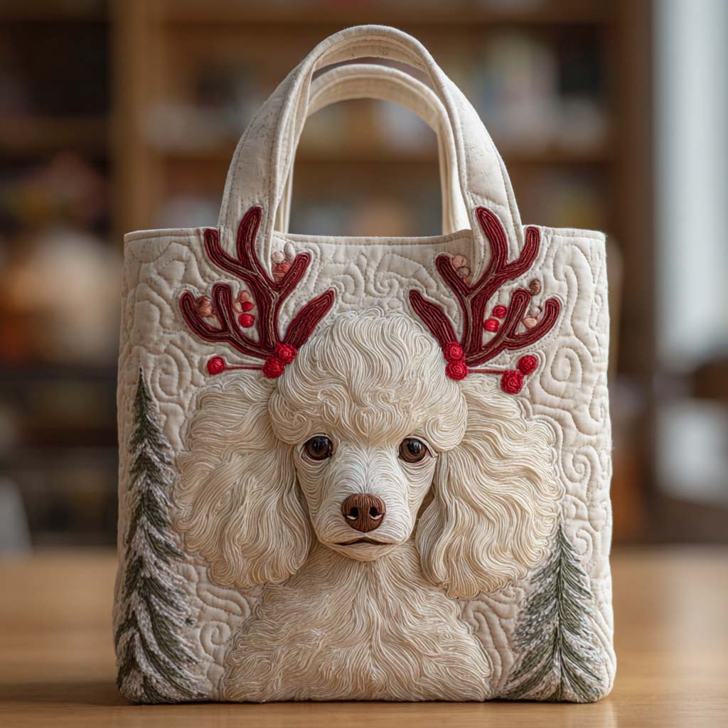 Holiday Reindeer Poodle White Quilted Tote Bag Trendy Bags For Women Best Christmas Gifts For Wife