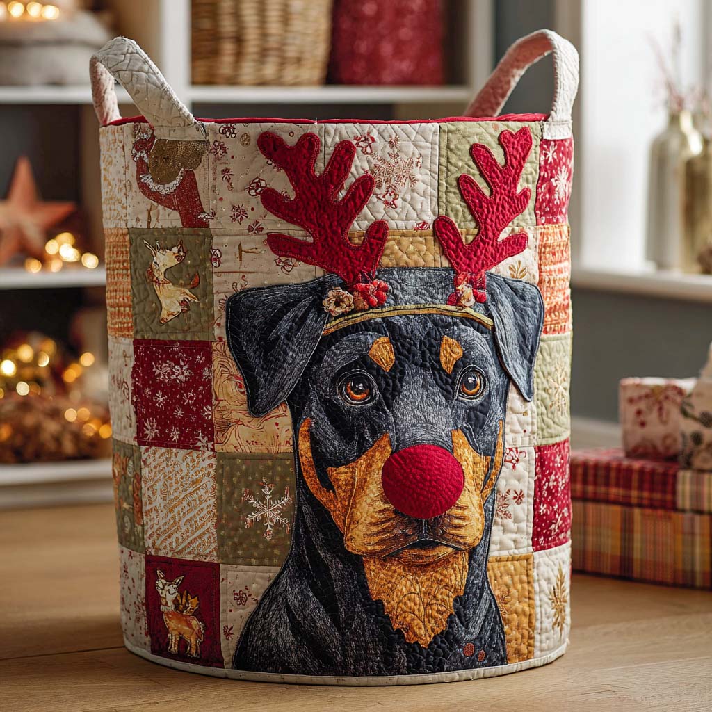 Holiday Rottie Spirit Quilted Laundry Basket Folding Laundry Hamper Rottweiler Themed Gifts