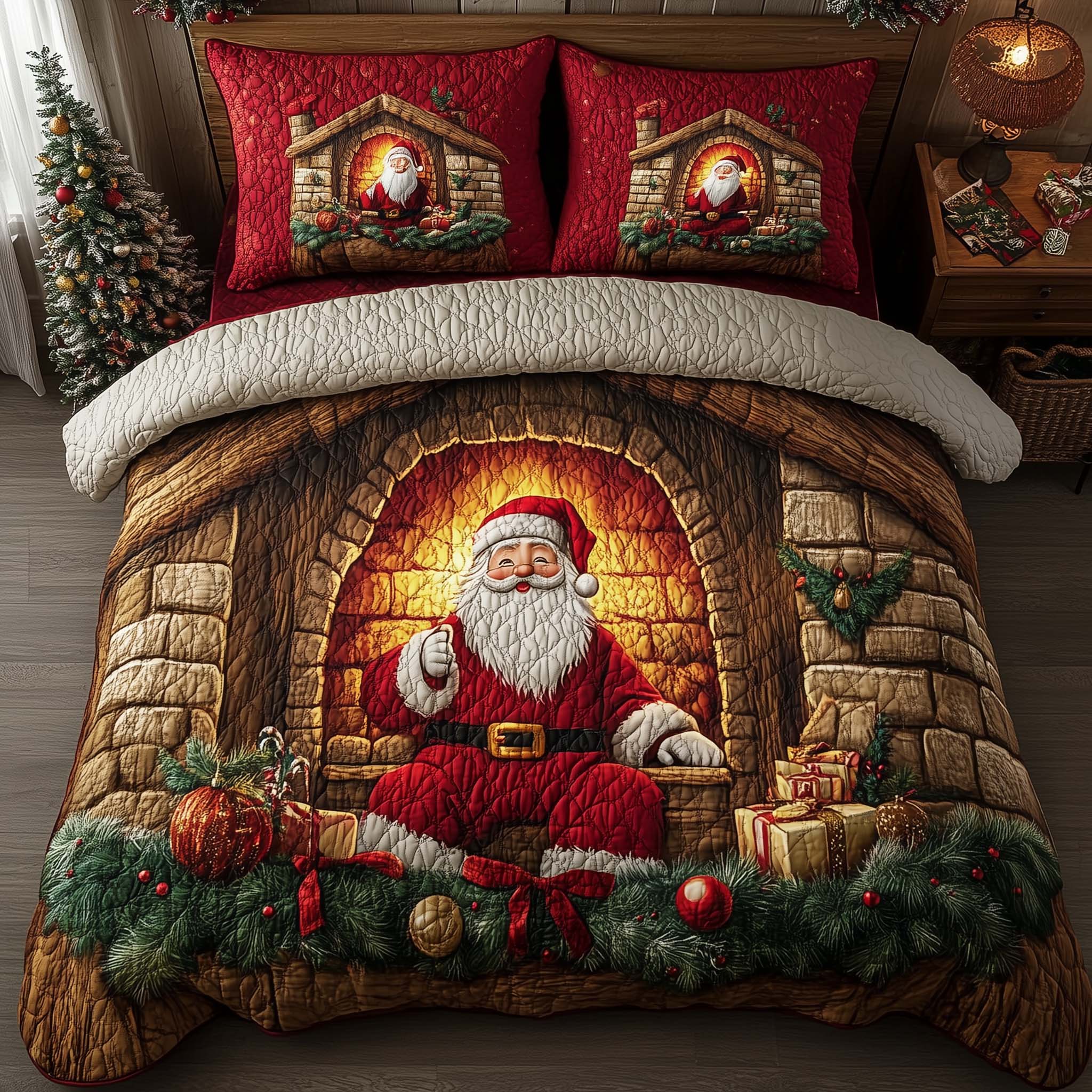 Holiday Santa Delight Quilted Bedding Set Xmas Bedroom Gnome Christmas Gift Ideas