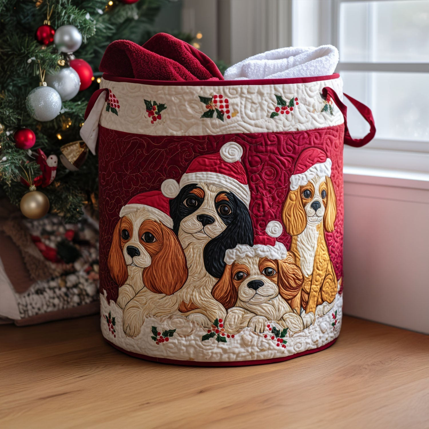 Holiday Spaniel Quilted Laundry Basket Dirty Clothes Hampers Dog Themed Gifts