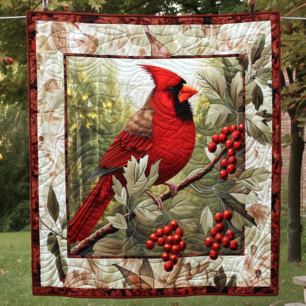 Holly Berry Cardinal Quilted Blanket Bed Room Decoration Gifts For Cardinal Lovers