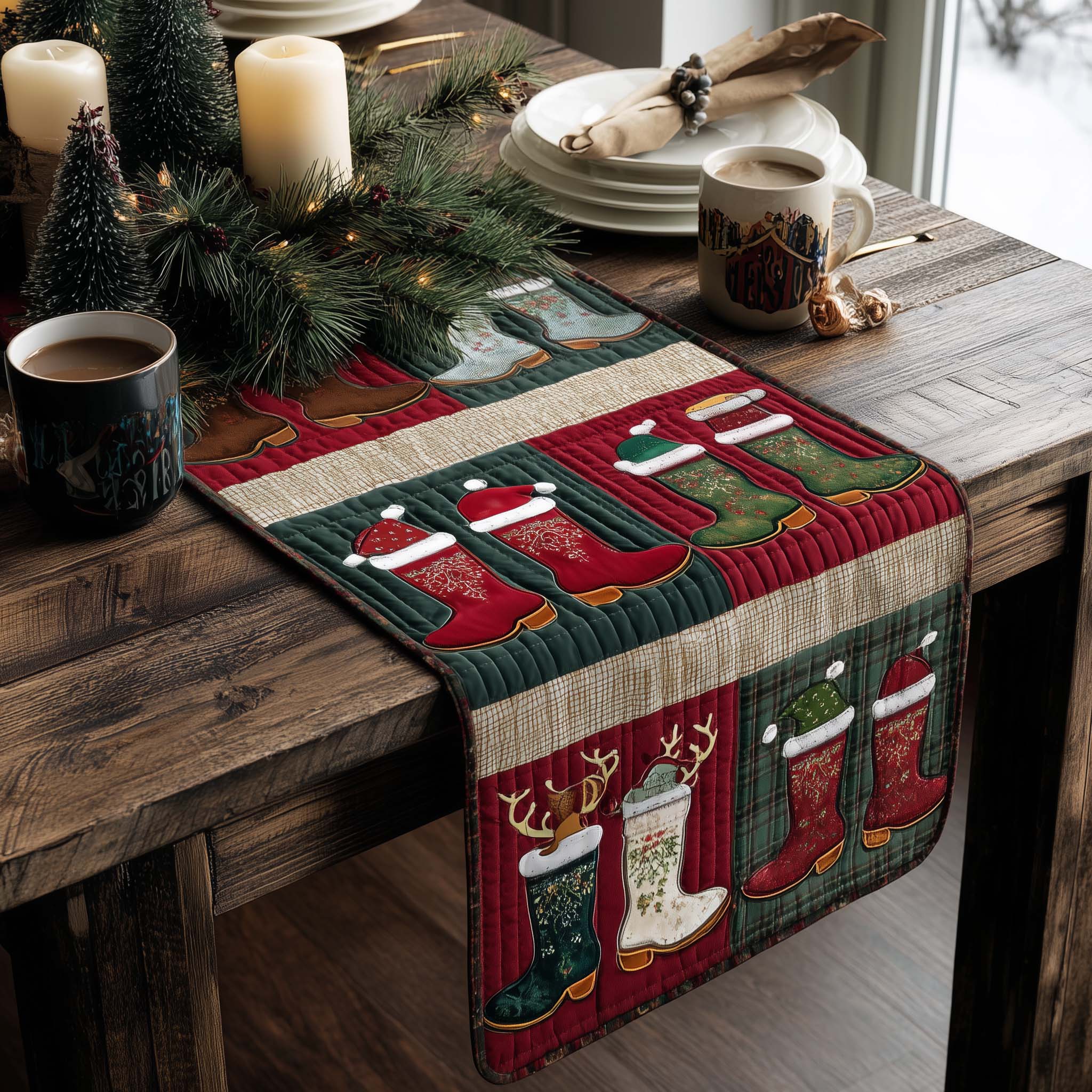 Holly Boots Quilted Table Runner Christmas Dinner Decorations Christmas Gifts For Mom