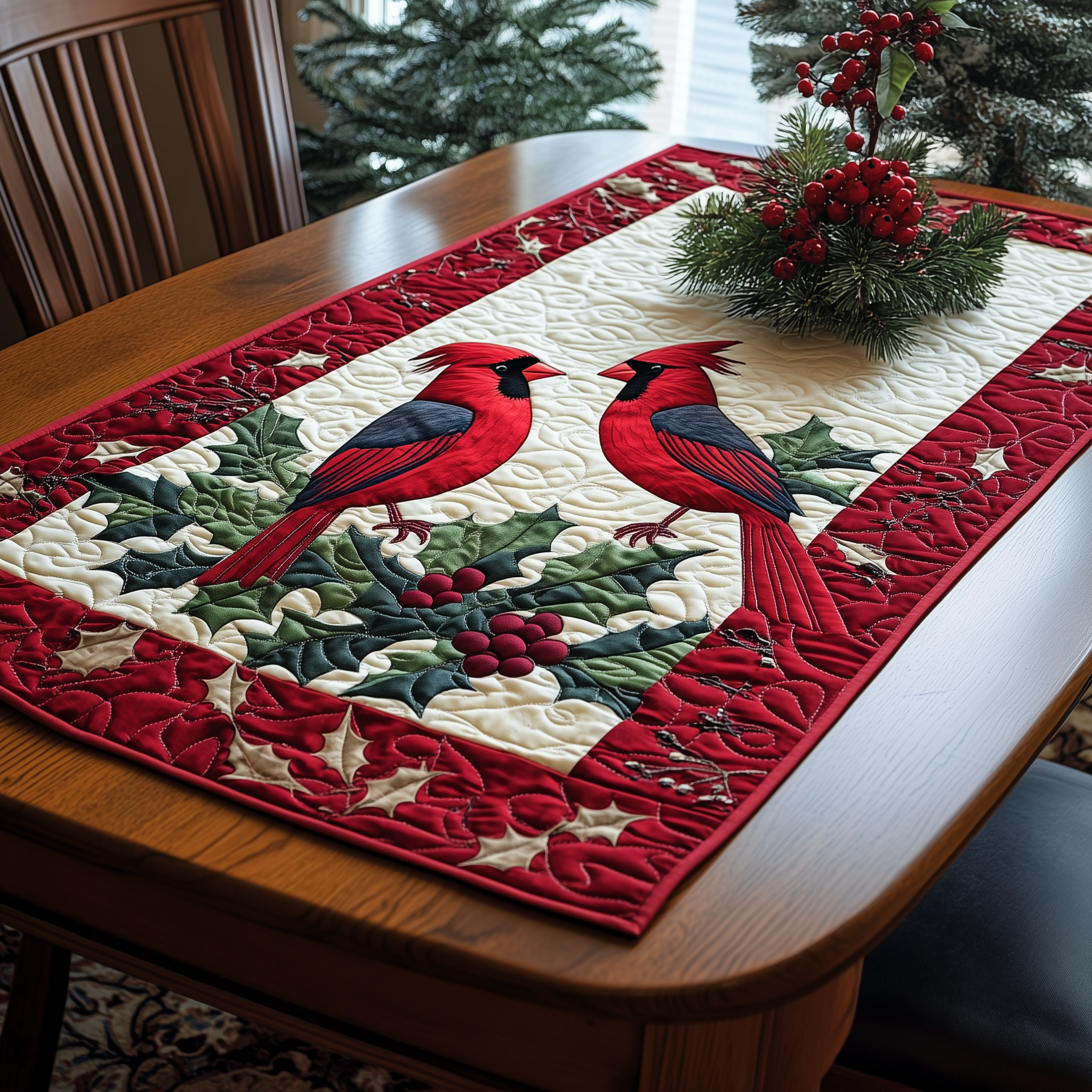 Holly Cardinal Quilted Table Runner Christmas Table Runner Decor Christmas Gifts For Relatives