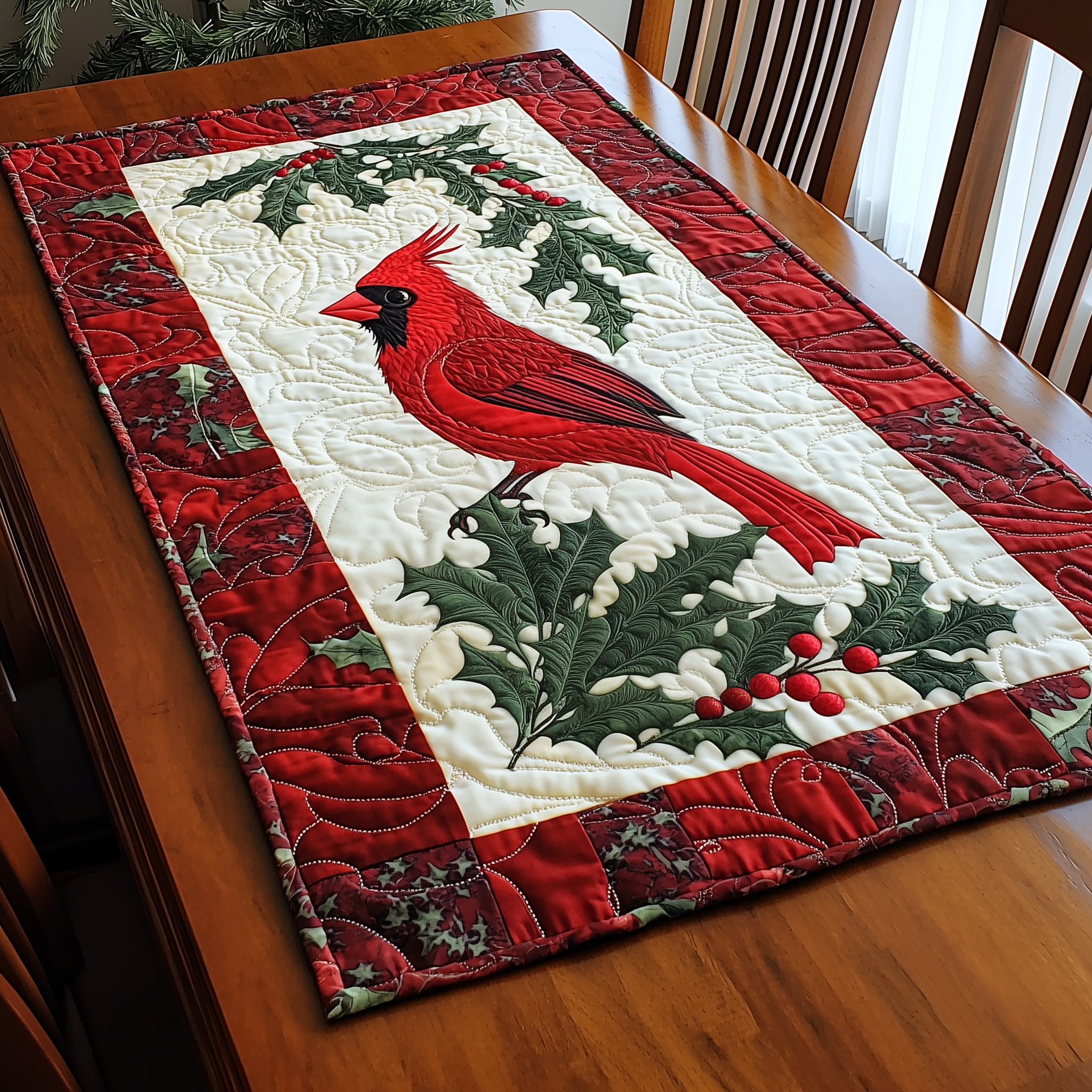 Holly Cardinal Quilted Table Runner Christmas Themed Table Runner Gifts For The Family Christmas