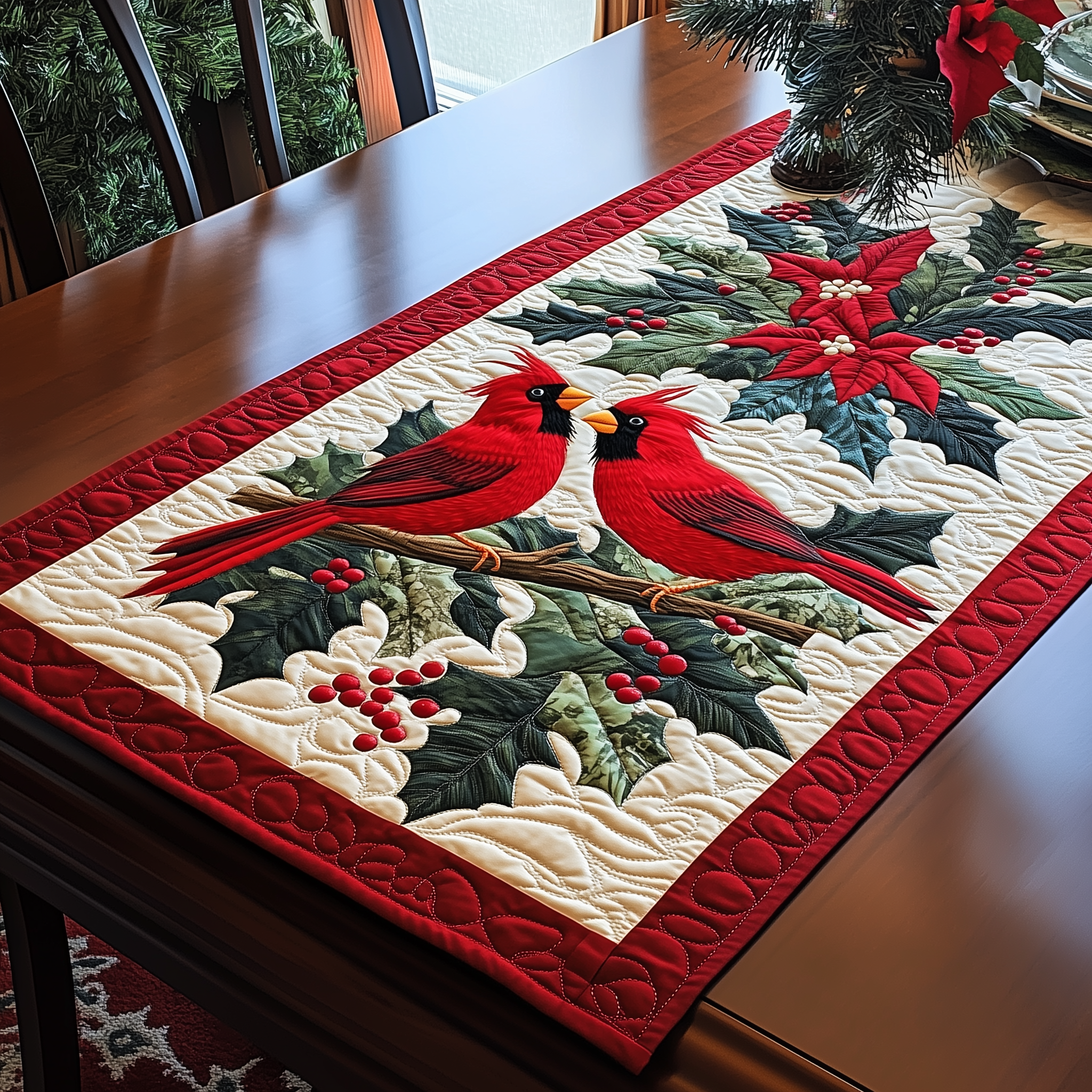 Holly Cardinal Quilted Table Runner Elegant Christmas Table Runners Family Christmas Gifts