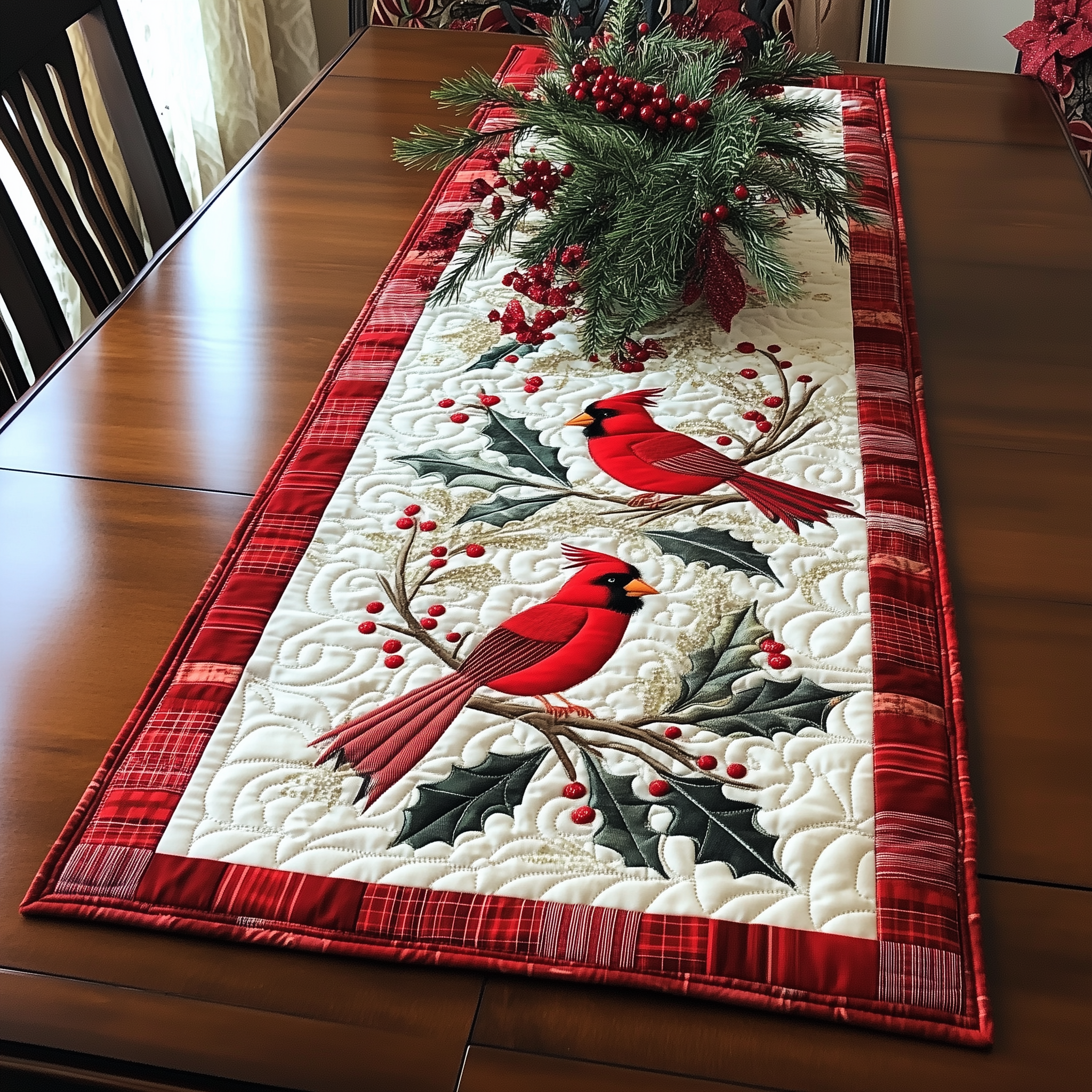 Holly Cardinal Quilted Table Runner Festive Table Runners Christmas Presents For Relatives