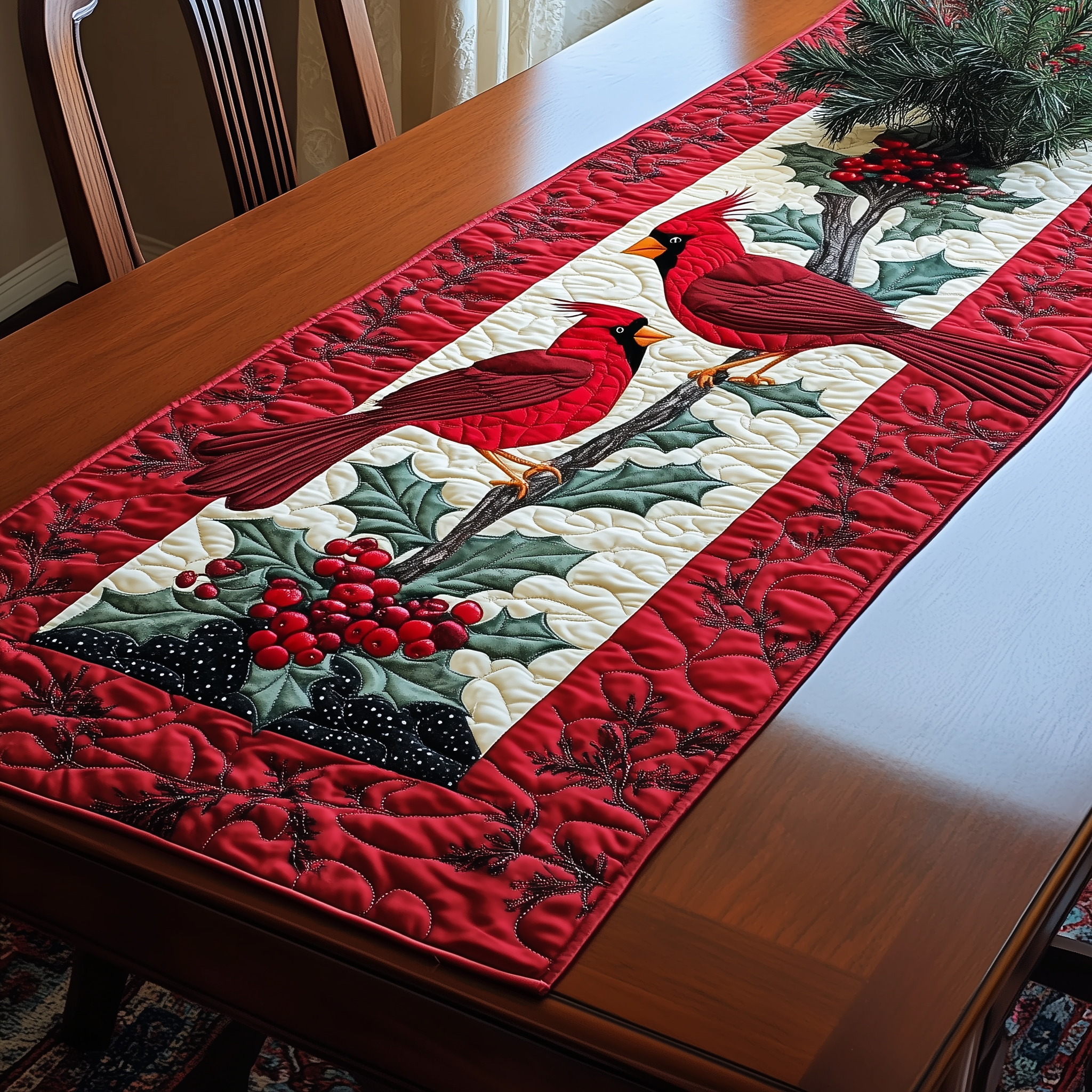 Holly Cardinal Quilted Table Runner Winter Themed Table Runners Family Christmas Presents