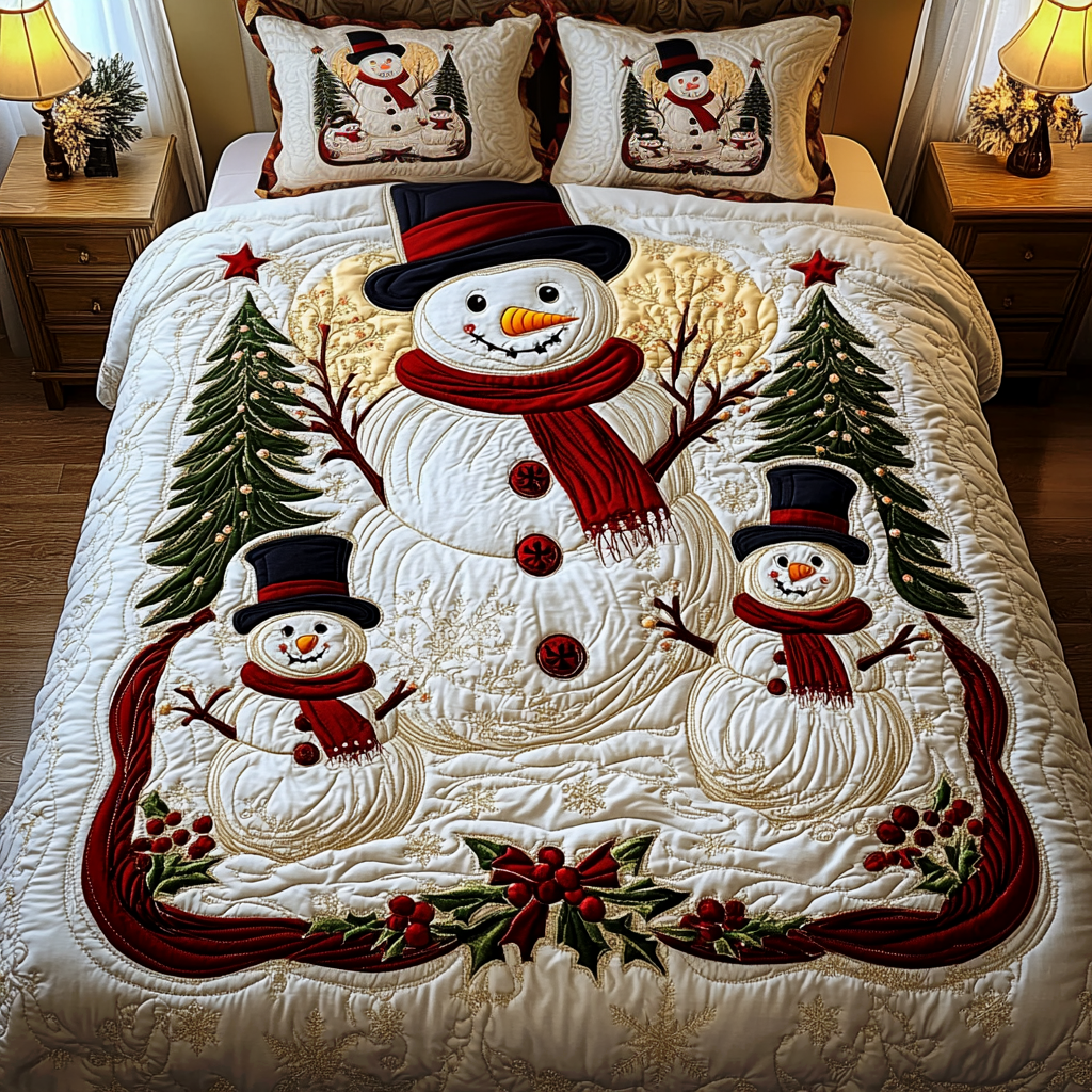 Holly Frost Quilted Bedding Set Xmas Holiday Duvet Cover Set Snowman Themed Gifts