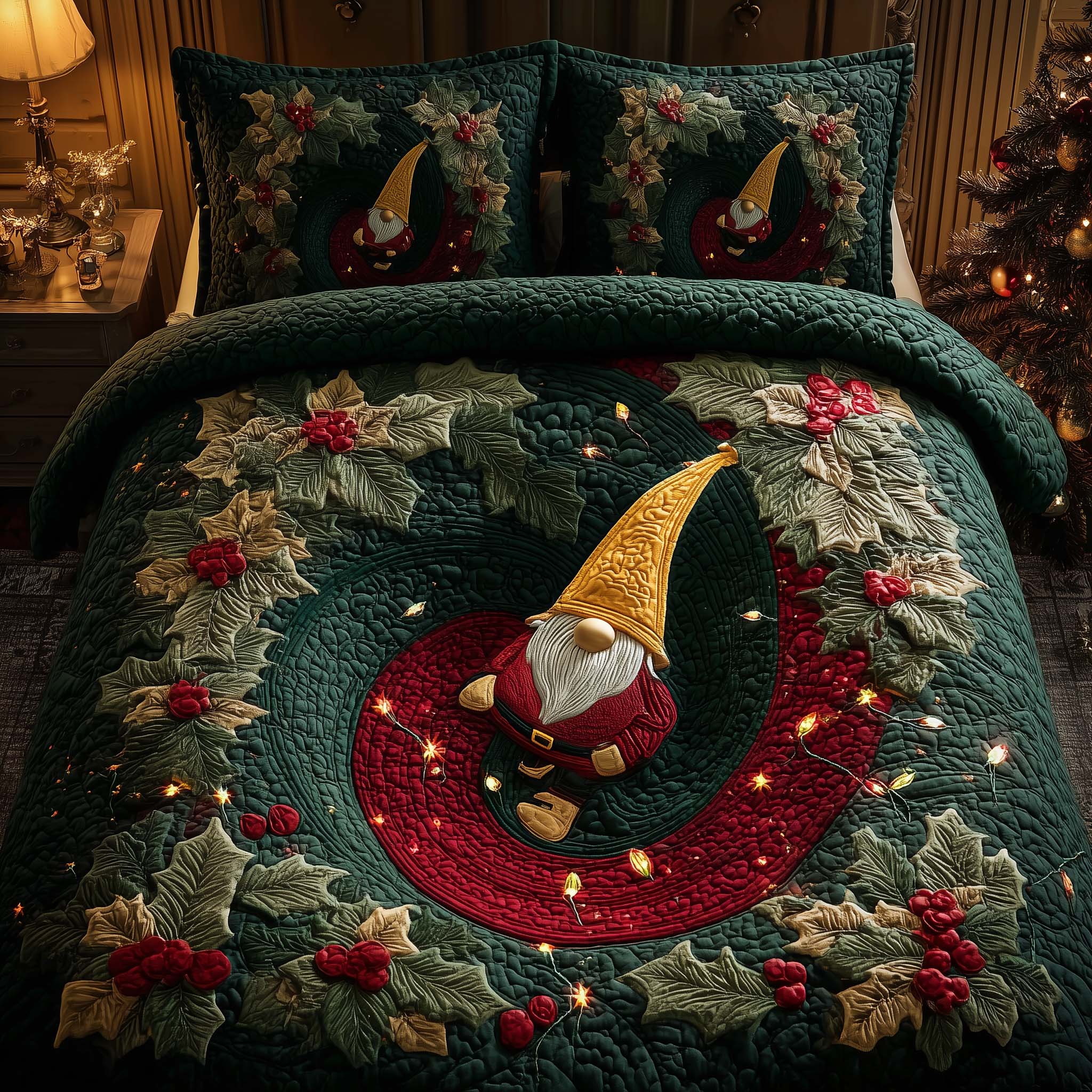 Holly Gnome Quilted Bedding Set Holiday Bedding Sets Unique Gnome Gifts