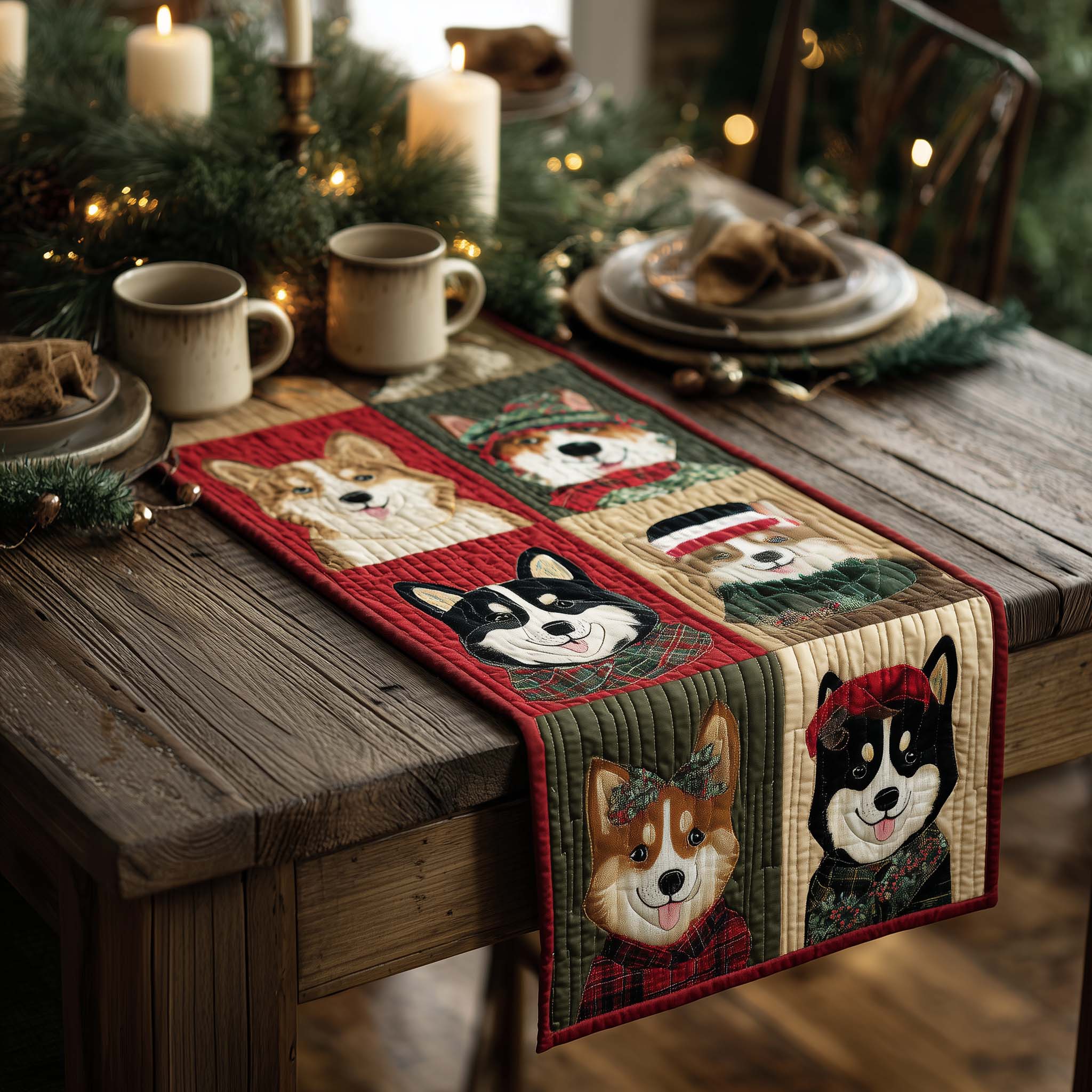 Holly Husky Quilted Table Runner Christmas Themed Table Runner Best Family Xmas Gifts