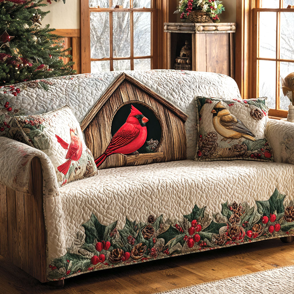 Holly Nest Quilted Sofa Cover Holiday Living Room Decor Red Cardinal Gifts Ideas